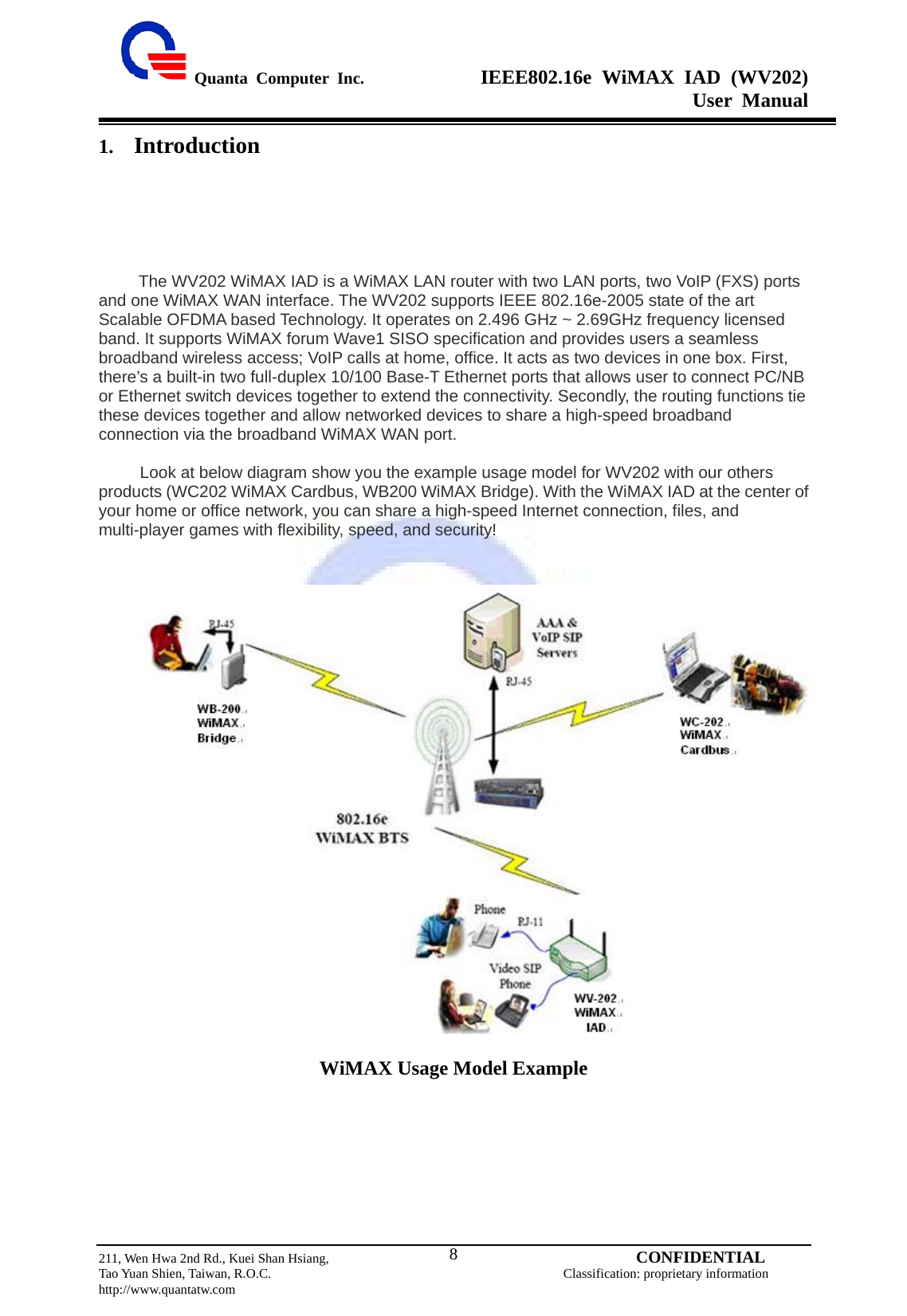  Quanta Computer Inc.              IEEE802.16e WiMAX IAD (WV202) User Manual                         211, Wen Hwa 2nd Rd., Kuei Shan Hsiang,                                         CONFIDENTIAL Tao Yuan Shien, Taiwan, R.O.C.                                            Classification: proprietary information http://www.quantatw.com   81. Introduction The WV202 WiMAX IAD is a WiMAX LAN router with two LAN ports, two VoIP (FXS) ports and one WiMAX WAN interface. The WV202 supports IEEE 802.16e-2005 state of the art Scalable OFDMA based Technology. It operates on 2.496 GHz ~ 2.69GHz frequency licensed band. It supports WiMAX forum Wave1 SISO specification and provides users a seamless broadband wireless access; VoIP calls at home, office. It acts as two devices in one box. First, there’s a built-in two full-duplex 10/100 Base-T Ethernet ports that allows user to connect PC/NB or Ethernet switch devices together to extend the connectivity. Secondly, the routing functions tie these devices together and allow networked devices to share a high-speed broadband connection via the broadband WiMAX WAN port.       Look at below diagram show you the example usage model for WV202 with our others products (WC202 WiMAX Cardbus, WB200 WiMAX Bridge). With the WiMAX IAD at the center of your home or office network, you can share a high-speed Internet connection, files, and multi-player games with flexibility, speed, and security!     WiMAX Usage Model Example 