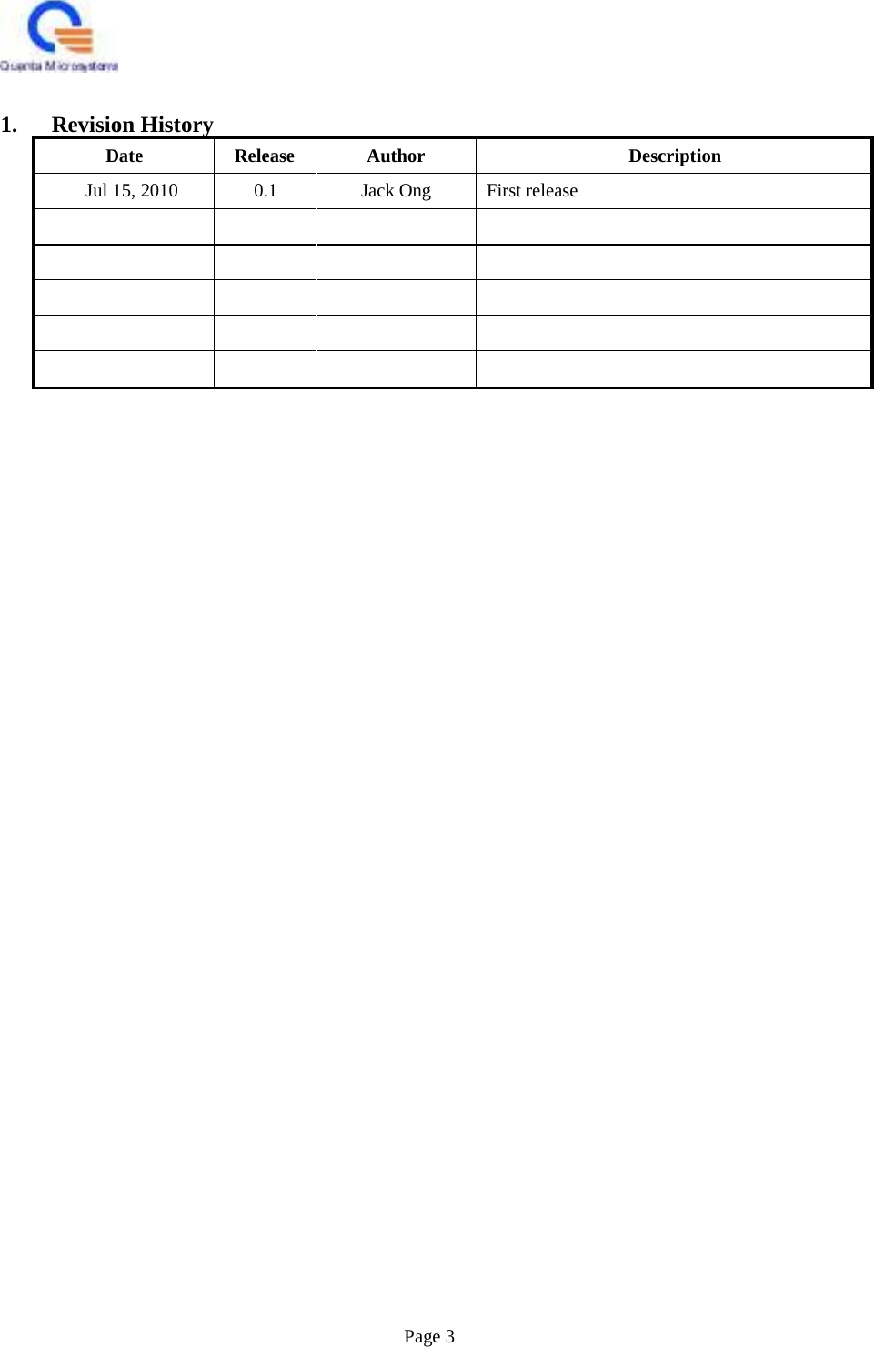    1.   Revision History Date Release Author Description Jul 15, 2010 0.1 Jack Ong First release                                                                       Page 3 