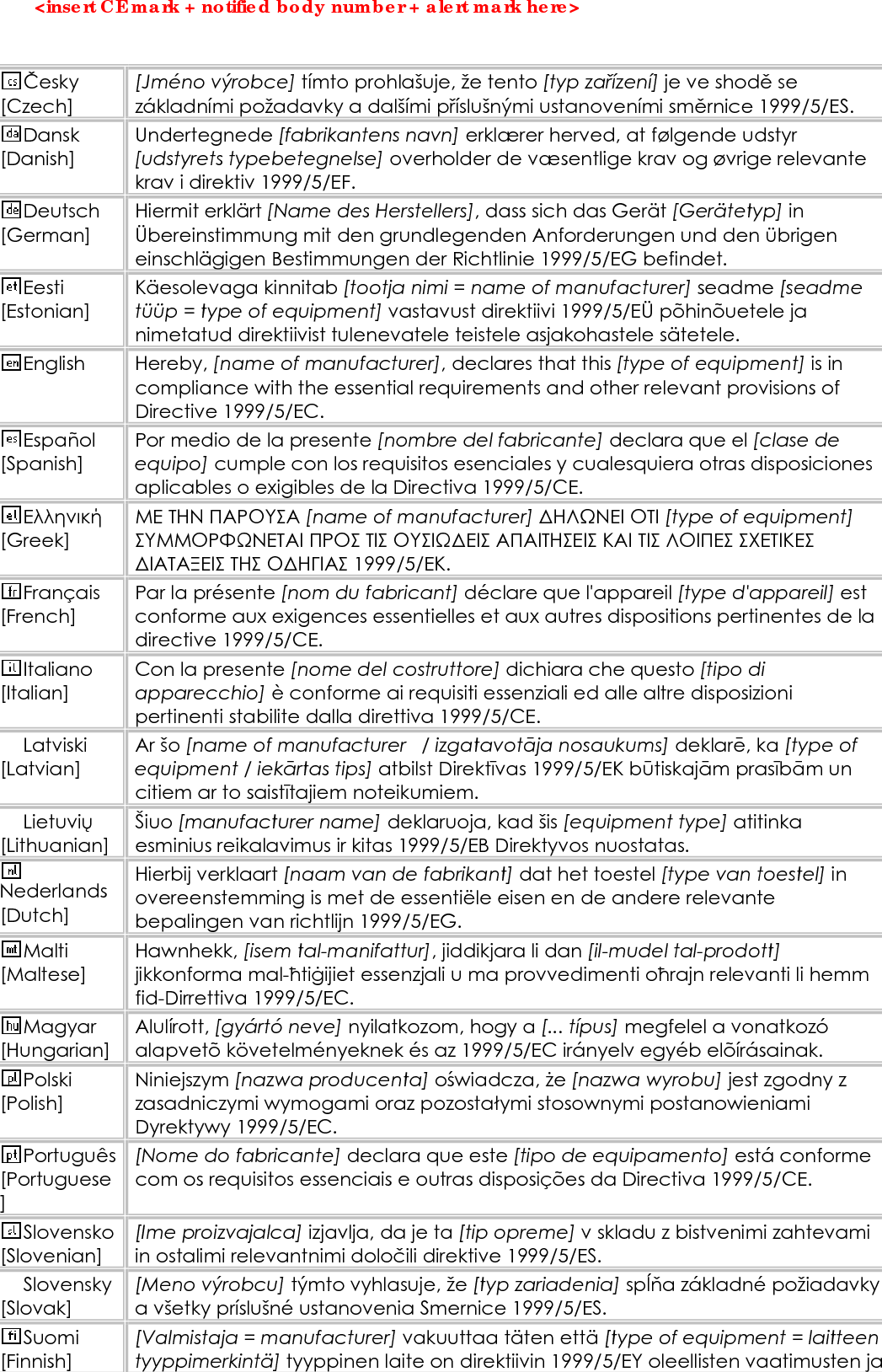 sitä koskevien direktiivin muiden ehtojen mukainen. Svenska [Swedish] Härmed intygar [företag] att denna [utrustningstyp] står I överensstämmelse med de väsentliga egenskapskrav och övriga relevanta bestämmelser som framgår av direktiv 1999/5/EG.                                                                        