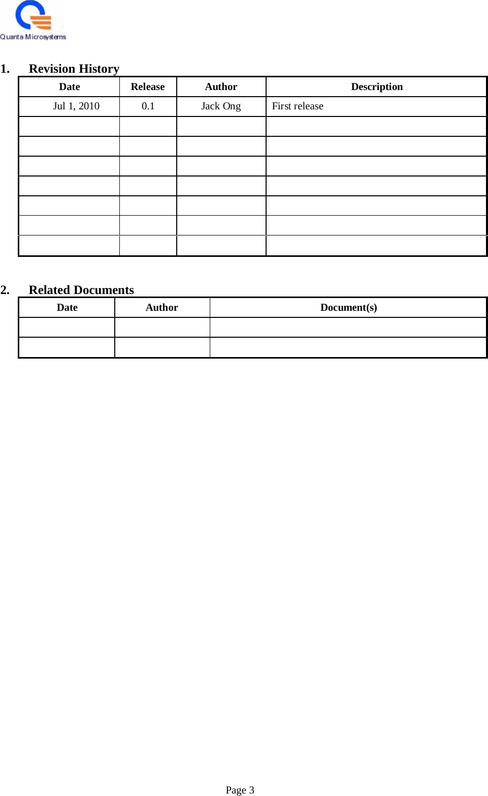    1.   Revision History Date Release Author Description Jul 1, 2010 0.1 Jack Ong First release                                2.   Related Documents Date Author Document(s)                                               Page 3 
