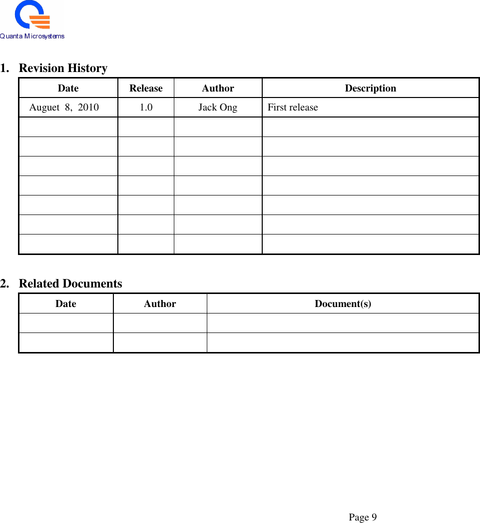  Page 9  1. Revision History Date  Release  Author  Description Auguet  8,  2010  1.0  Jack Ong  First release                                                  2. Related Documents Date  Author  Document(s)          