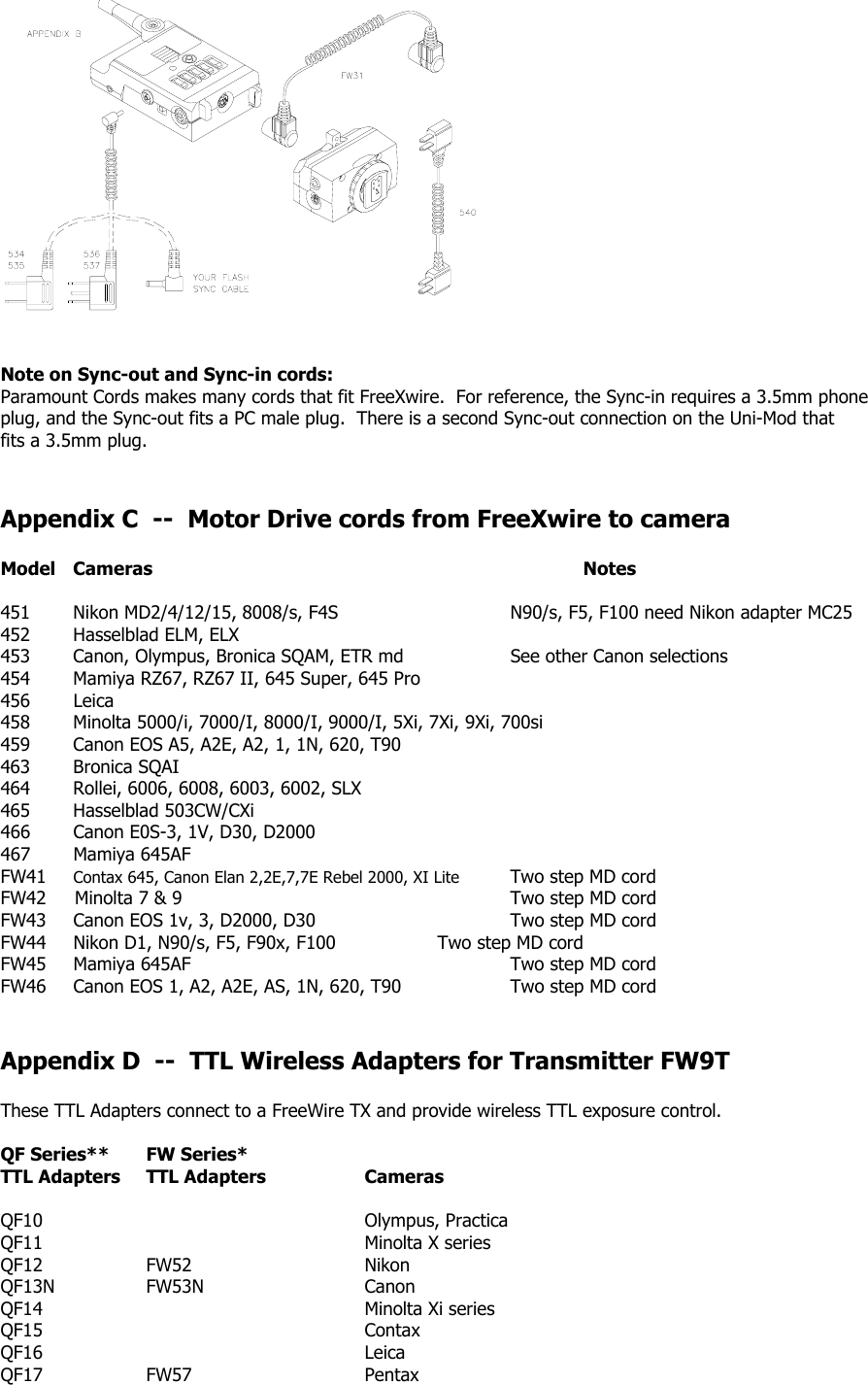   Note on Sync-out and Sync-in cords: Paramount Cords makes many cords that fit FreeXwire.  For reference, the Sync-in requires a 3.5mm phone plug, and the Sync-out fits a PC male plug.  There is a second Sync-out connection on the Uni-Mod that  fits a 3.5mm plug.   Appendix C  --  Motor Drive cords from FreeXwire to camera  Model Cameras       Notes  451 Nikon MD2/4/12/15, 8008/s, F4S      N90/s, F5, F100 need Nikon adapter MC25 452  Hasselblad ELM, ELX 453  Canon, Olympus, Bronica SQAM, ETR md    See other Canon selections 454  Mamiya RZ67, RZ67 II, 645 Super, 645 Pro 456 Leica 458  Minolta 5000/i, 7000/I, 8000/I, 9000/I, 5Xi, 7Xi, 9Xi, 700si 459  Canon EOS A5, A2E, A2, 1, 1N, 620, T90 463 Bronica SQAI 464  Rollei, 6006, 6008, 6003, 6002, SLX 465 Hasselblad 503CW/CXi 466 Canon E0S-3, 1V, D30, D2000 467 Mamiya 645AF FW41  Contax 645, Canon Elan 2,2E,7,7E Rebel 2000, XI Lite  Two step MD cord  FW42     Minolta 7 &amp; 9          Two step MD cord FW43  Canon EOS 1v, 3, D2000, D30      Two step MD cord FW44  Nikon D1, N90/s, F5, F90x, F100    Two step MD cord FW45 Mamiya 645AF     Two step MD cord FW46  Canon EOS 1, A2, A2E, AS, 1N, 620, T90    Two step MD cord   Appendix D  --  TTL Wireless Adapters for Transmitter FW9T   These TTL Adapters connect to a FreeWire TX and provide wireless TTL exposure control.   QF Series**  FW Series* TTL Adapters    TTL Adapters    Cameras  QF10     Olympus, Practica QF11     Minolta X series  QF12  FW52   Nikon QF13N  FW53N   Canon QF14     Minolta Xi series QF15     Contax QF16     Leica QF17  FW57   Pentax 