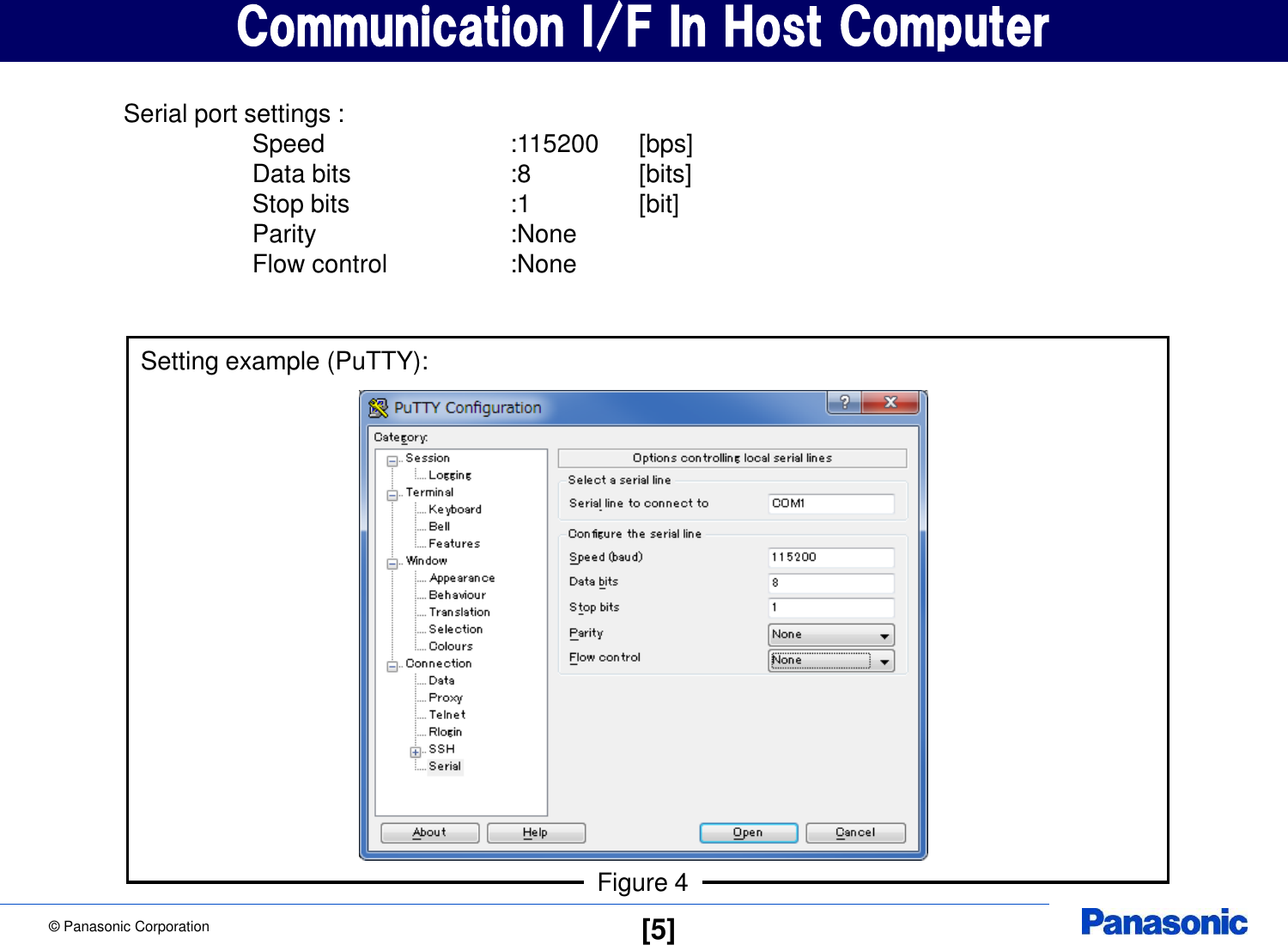 &copy; Panasonic Corporation  [5] Serial port settings :  Speed    :115200  [bps]   Data bits    :8  [bits]   Stop bits    :1  [bit]   Parity    :None   Flow control  :None  Figure 4 Communication I/F In Host Computer Setting example (PuTTY): 
