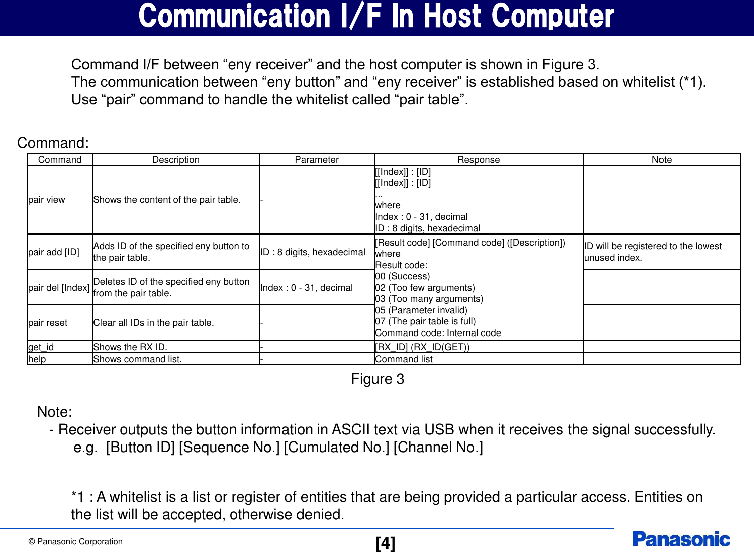 &copy; Panasonic Corporation  [4] Communication I/F In Host Computer Figure 3 Command I/F between &ldquo;eny receiver&rdquo; and the host computer is shown in Figure 3. The communication between &ldquo;eny button&rdquo; and &ldquo;eny receiver&rdquo; is established based on whitelist (*1). Use &ldquo;pair&rdquo; command to handle the whitelist called &ldquo;pair table&rdquo;. Command Description Parameter Response Note pair view Shows the content of the pair table. - [[Index]] : [ID] [[Index]] : [ID] ... where Index : 0 - 31, decimal ID : 8 digits, hexadecimal   pair add [ID] Adds ID of the specified eny button to the pair table. ID : 8 digits, hexadecimal [Result code] [Command code] ([Description]) where Result code: 00 (Success) 02 (Too few arguments) 03 (Too many arguments) 05 (Parameter invalid) 07 (The pair table is full) Command code: Internal code ID will be registered to the lowest unused index. pair del [Index] Deletes ID of the specified eny button from the pair table. Index : 0 - 31, decimal   pair reset Clear all IDs in the pair table. -   get_id Shows the RX ID. - [RX_ID] (RX_ID(GET))   help Shows command list. - Command list   Command: Note:    - Receiver outputs the button information in ASCII text via USB when it receives the signal successfully.          e.g.  [Button ID] [Sequence No.] [Cumulated No.] [Channel No.]  *1 : A whitelist is a list or register of entities that are being provided a particular access. Entities on the list will be accepted, otherwise denied. 