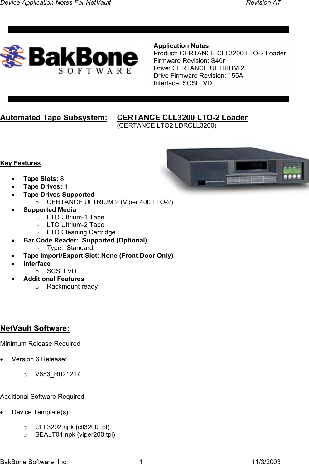 Page 1 of 7 - Quantum Quantum-Lto-2-Autoloader-Users-Manual App_Notes_Certance_CLL3200_A7