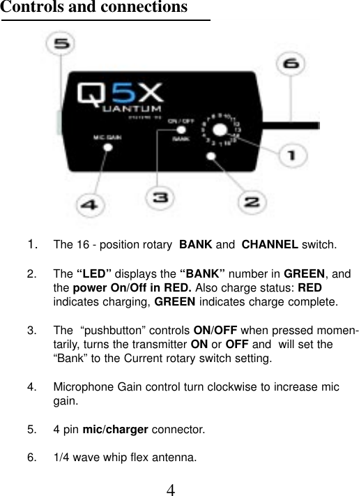 4Controls and connections1. The 16 - position rotary  BANK and  CHANNEL switch.2. The “LED” displays the “BANK” number in GREEN, andthe power On/Off in RED. Also charge status: REDindicates charging, GREEN indicates charge complete.3. The  “pushbutton” controls ON/OFF when pressed momen-tarily, turns the transmitter ON or OFF and  will set the“Bank” to the Current rotary switch setting.4. Microphone Gain control turn clockwise to increase micgain.5. 4 pin mic/charger connector.6. 1/4 wave whip flex antenna.