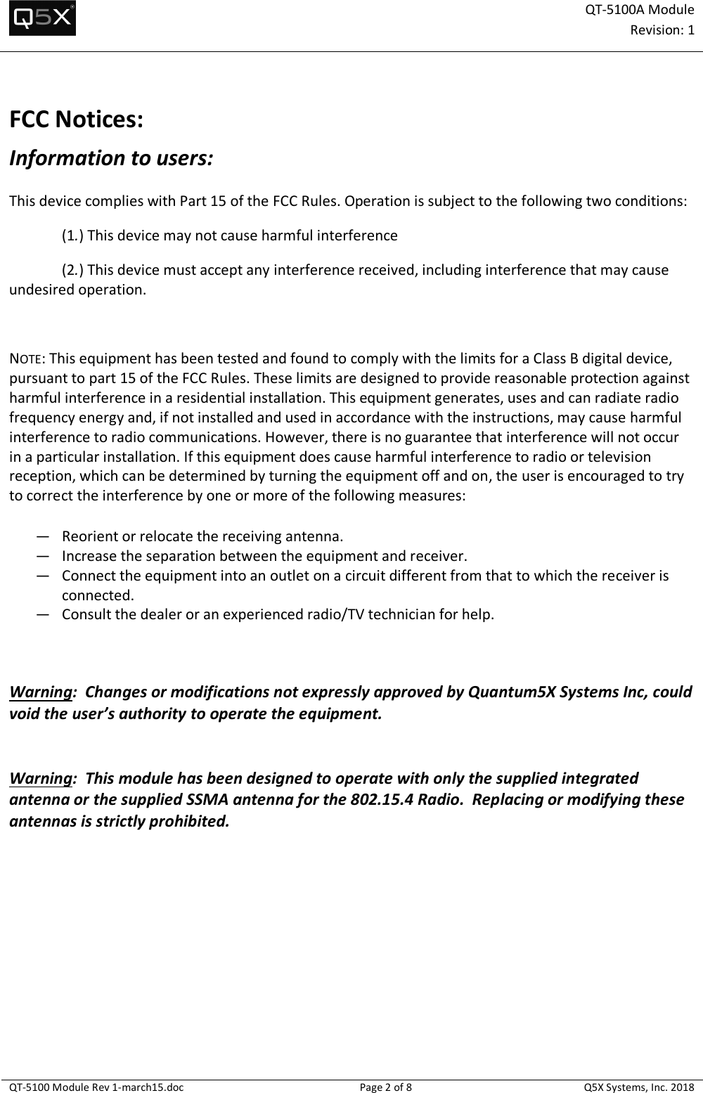 Page 2 of Quantum5x Systems QT5100A QT-5100A Module User Manual QT 5100 Module Rev 1 march15