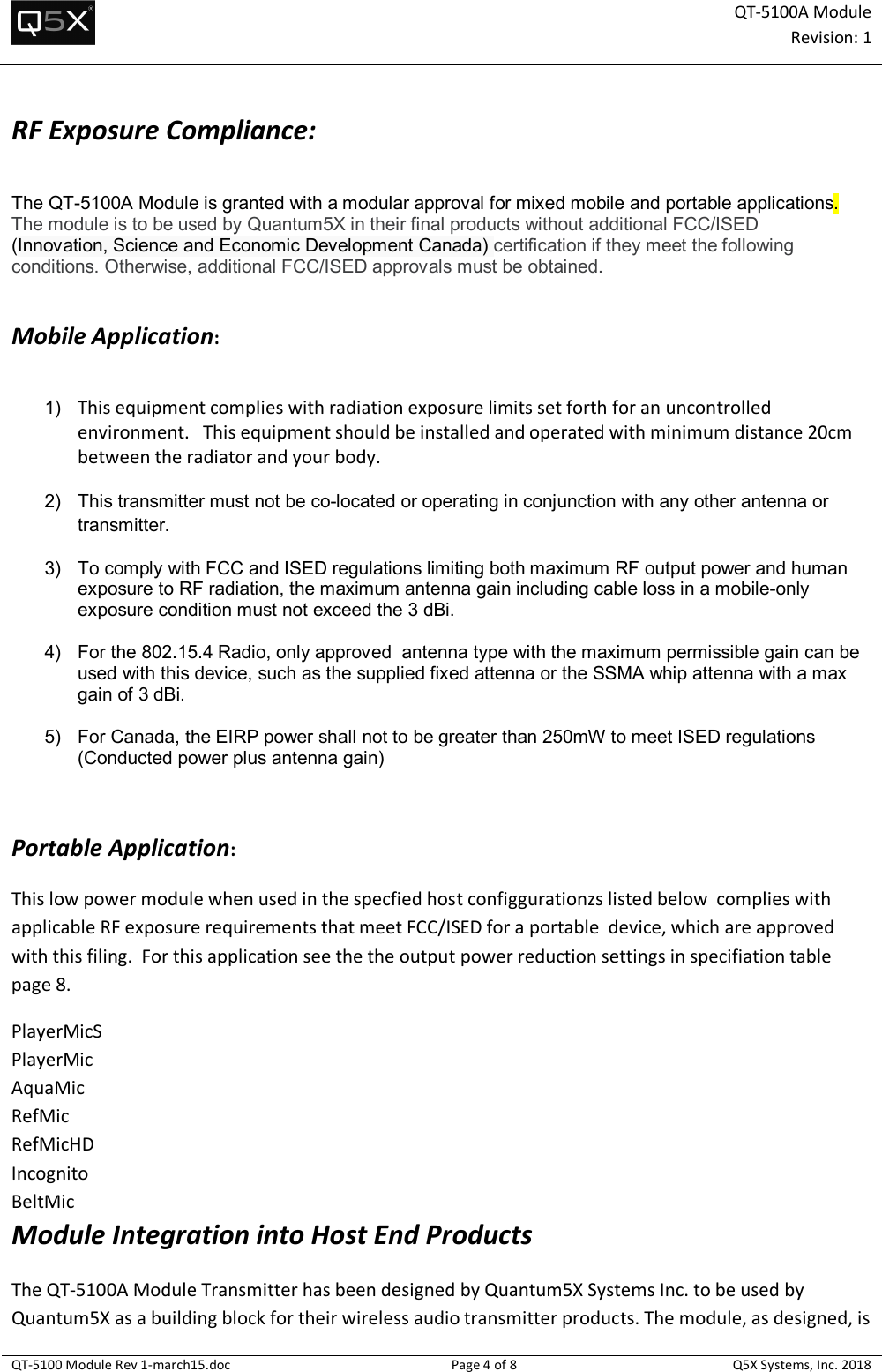 Page 4 of Quantum5x Systems QT5100A QT-5100A Module User Manual QT 5100 Module Rev 1 march15