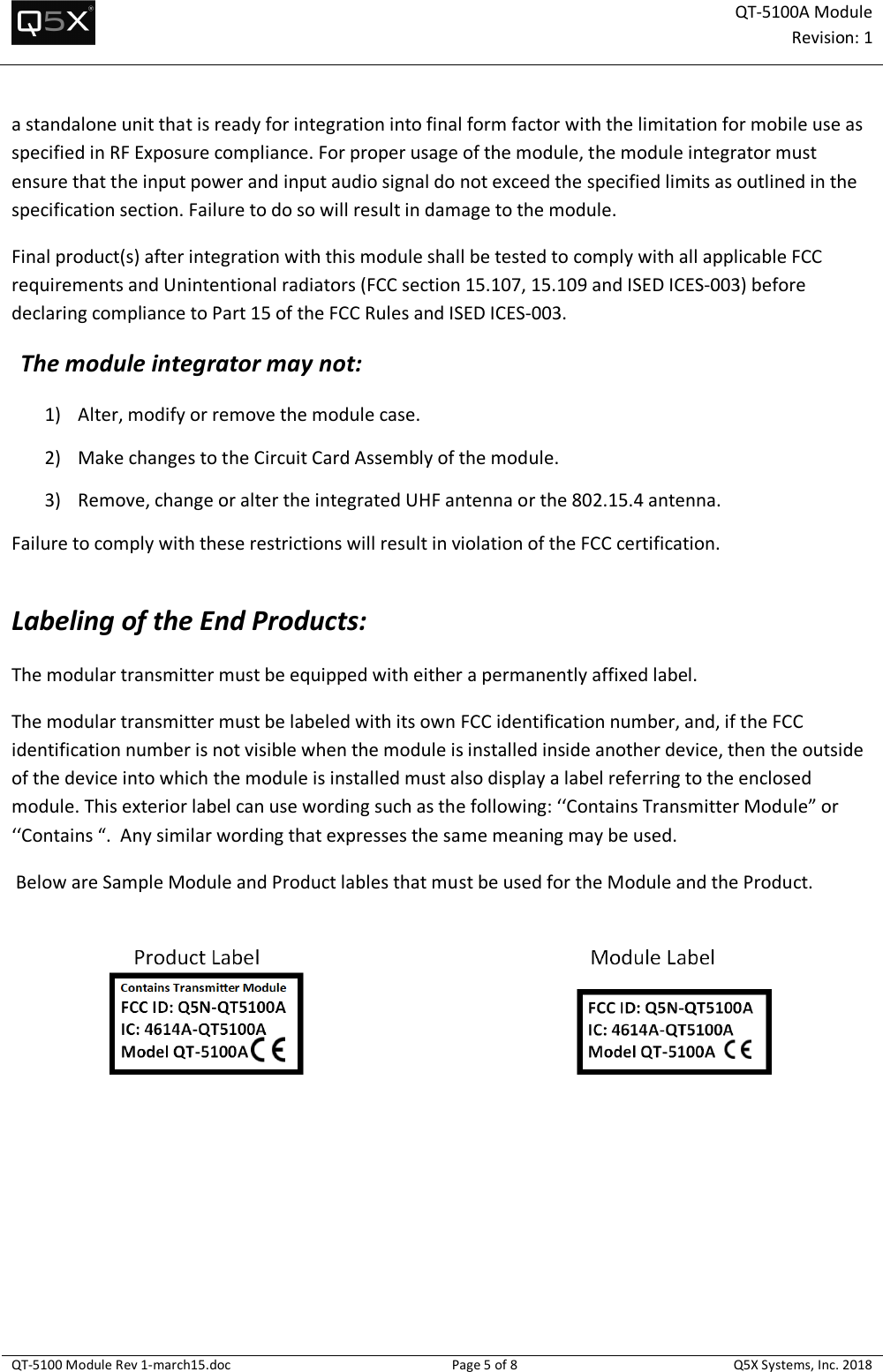 Page 5 of Quantum5x Systems QT5100A QT-5100A Module User Manual QT 5100 Module Rev 1 march15