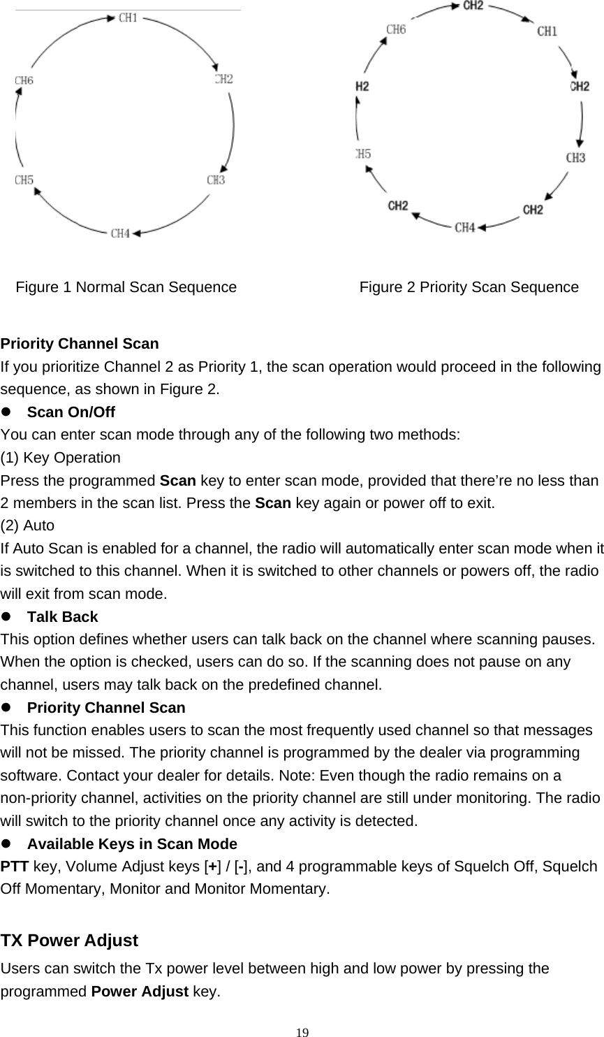  19                  Figure 1 Normal Scan Sequence                Figure 2 Priority Scan Sequence  Priority Channel Scan   If you prioritize Channel 2 as Priority 1, the scan operation would proceed in the following sequence, as shown in Figure 2.    Scan On/Off   You can enter scan mode through any of the following two methods:   (1) Key Operation   Press the programmed Scan key to enter scan mode, provided that there’re no less than 2 members in the scan list. Press the Scan key again or power off to exit.   (2) Auto   If Auto Scan is enabled for a channel, the radio will automatically enter scan mode when it is switched to this channel. When it is switched to other channels or powers off, the radio will exit from scan mode.    Talk Back   This option defines whether users can talk back on the channel where scanning pauses. When the option is checked, users can do so. If the scanning does not pause on any channel, users may talk back on the predefined channel.    Priority Channel Scan   This function enables users to scan the most frequently used channel so that messages will not be missed. The priority channel is programmed by the dealer via programming software. Contact your dealer for details. Note: Even though the radio remains on a non-priority channel, activities on the priority channel are still under monitoring. The radio will switch to the priority channel once any activity is detected.    Available Keys in Scan Mode   PTT key, Volume Adjust keys [+] / [-], and 4 programmable keys of Squelch Off, Squelch Off Momentary, Monitor and Monitor Momentary.    TX Power Adjust   Users can switch the Tx power level between high and low power by pressing the programmed Power Adjust key.  