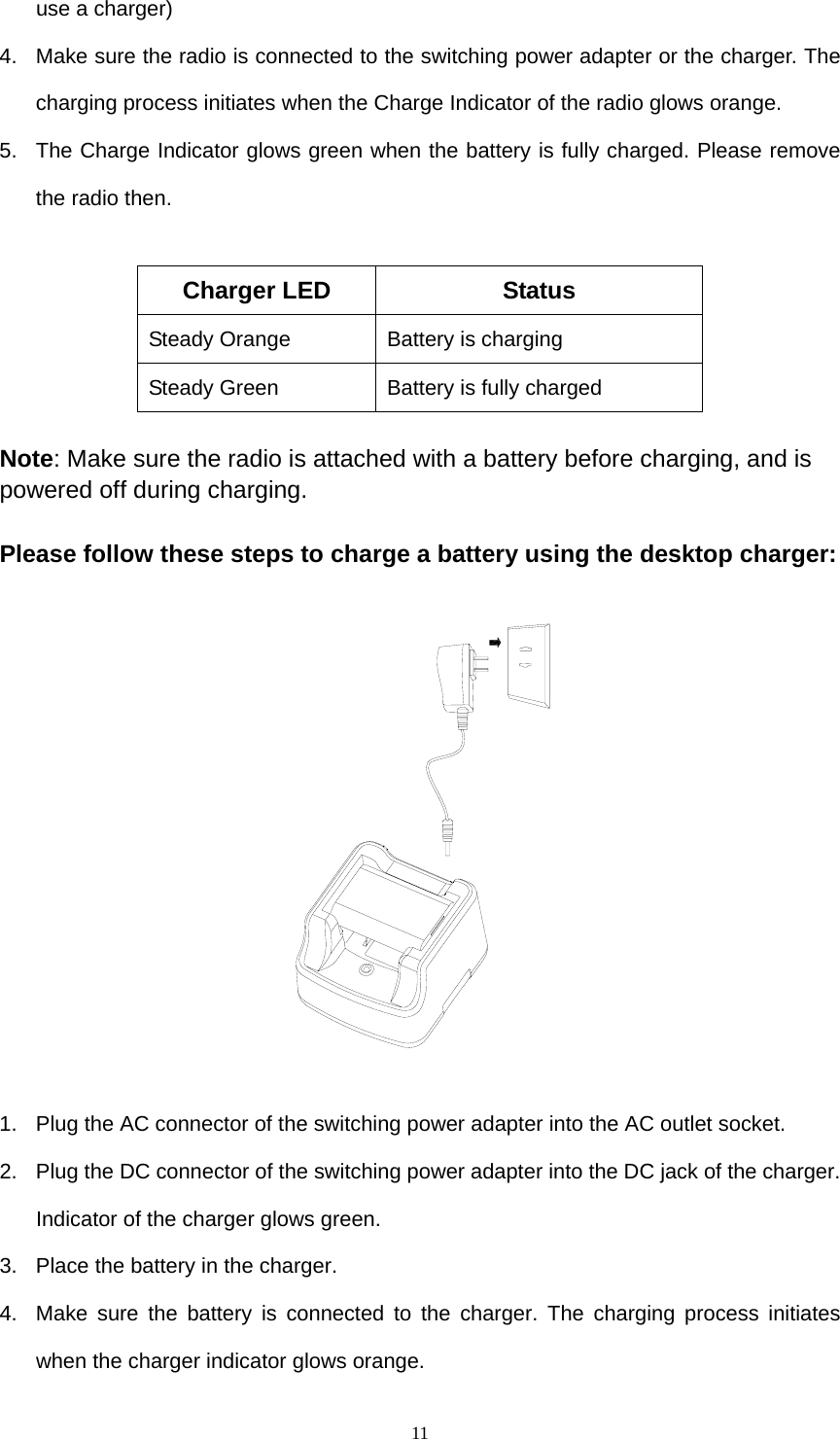  11use a charger)   4.  Make sure the radio is connected to the switching power adapter or the charger. The charging process initiates when the Charge Indicator of the radio glows orange.   5.  The Charge Indicator glows green when the battery is fully charged. Please remove the radio then.          Note: Make sure the radio is attached with a battery before charging, and is powered off during charging.    Please follow these steps to charge a battery using the desktop charger:      1.  Plug the AC connector of the switching power adapter into the AC outlet socket.   2.  Plug the DC connector of the switching power adapter into the DC jack of the charger. Indicator of the charger glows green.   3.  Place the battery in the charger.   4.  Make sure the battery is connected to the charger. The charging process initiates when the charger indicator glows orange.   Charger LED  Status Steady Orange  Battery is charging Steady Green  Battery is fully charged 