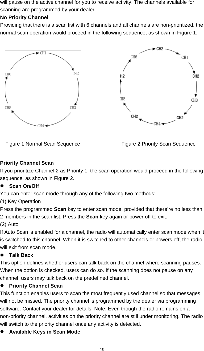  19will pause on the active channel for you to receive activity. The channels available for scanning are programmed by your dealer.   No Priority Channel   Providing that there is a scan list with 6 channels and all channels are non-prioritized, the normal scan operation would proceed in the following sequence, as shown in Figure 1.                       Figure 1 Normal Scan Sequence                Figure 2 Priority Scan Sequence  Priority Channel Scan   If you prioritize Channel 2 as Priority 1, the scan operation would proceed in the following sequence, as shown in Figure 2.    Scan On/Off   You can enter scan mode through any of the following two methods:   (1) Key Operation   Press the programmed Scan key to enter scan mode, provided that there’re no less than 2 members in the scan list. Press the Scan key again or power off to exit.   (2) Auto   If Auto Scan is enabled for a channel, the radio will automatically enter scan mode when it is switched to this channel. When it is switched to other channels or powers off, the radio will exit from scan mode.    Talk Back   This option defines whether users can talk back on the channel where scanning pauses. When the option is checked, users can do so. If the scanning does not pause on any channel, users may talk back on the predefined channel.    Priority Channel Scan   This function enables users to scan the most frequently used channel so that messages will not be missed. The priority channel is programmed by the dealer via programming software. Contact your dealer for details. Note: Even though the radio remains on a non-priority channel, activities on the priority channel are still under monitoring. The radio will switch to the priority channel once any activity is detected.    Available Keys in Scan Mode   