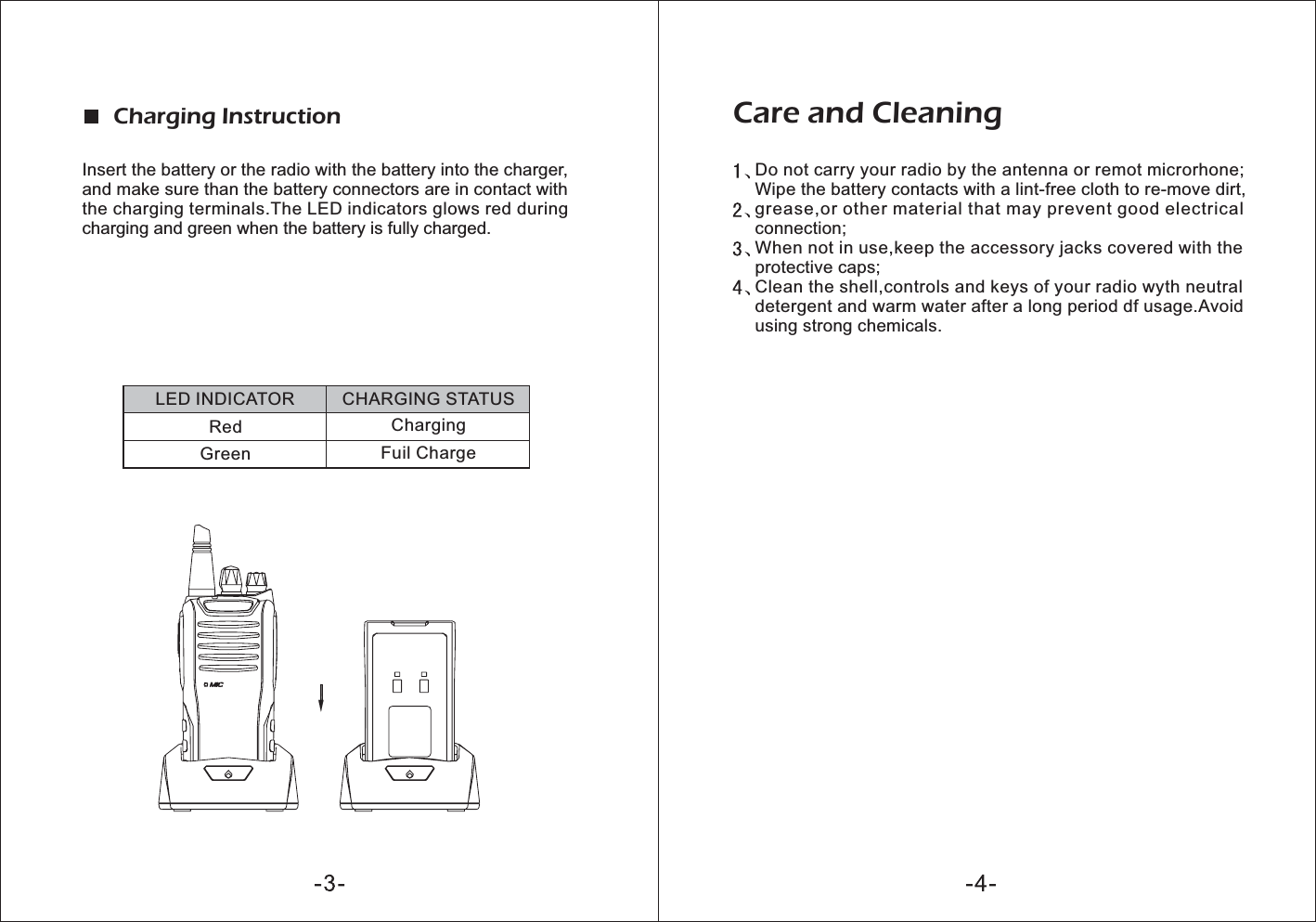 Charging InstructionInsert the battery or the radio with the battery into the charger,and make sure than the battery connectors are in contact withthe charging terminals.The LED indicators glows red duringcharging and green when the battery is fully charged.Do not carry your radio by the antenna or remot microrhone;Wipe the battery contacts with a lint-free cloth to re-move dirt,grease,or other material that may prevent good electricalconnection;When not in use,keep the accessory jacks covered with theprotective caps;Clean the shell,controls and keys of your radio wyth neutraldetergent and warm water after a long period df usage.Avoidusing strong chemicals.Care and CleaningLED INDICATOR CHARGING STATUSRed ChargingGreen Fuil Charge