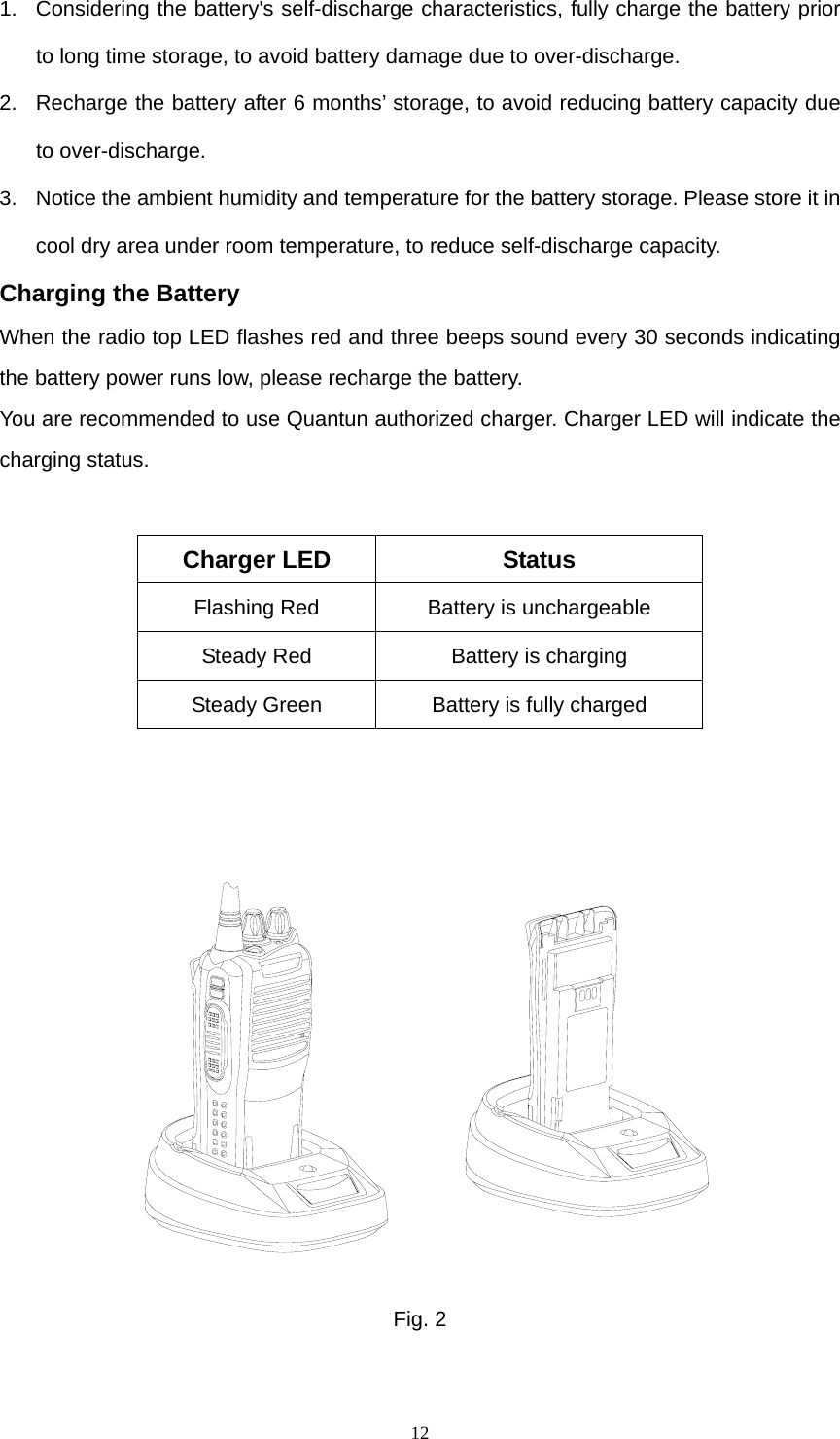  121.  Considering the battery&apos;s self-discharge characteristics, fully charge the battery prior to long time storage, to avoid battery damage due to over-discharge. 2.  Recharge the battery after 6 months’ storage, to avoid reducing battery capacity due to over-discharge.   3.  Notice the ambient humidity and temperature for the battery storage. Please store it in cool dry area under room temperature, to reduce self-discharge capacity. Charging the Battery When the radio top LED flashes red and three beeps sound every 30 seconds indicating the battery power runs low, please recharge the battery. You are recommended to use Quantun authorized charger. Charger LED will indicate the charging status.          Fig. 2  Charger LED  Status Flashing Red  Battery is unchargeable Steady Red  Battery is charging Steady Green  Battery is fully charged 