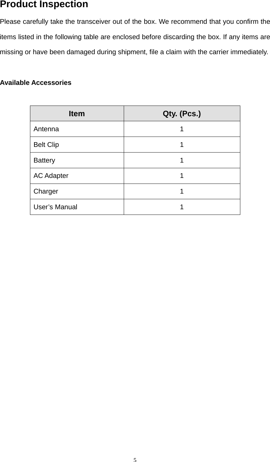  5Product Inspection Please carefully take the transceiver out of the box. We recommend that you confirm the items listed in the following table are enclosed before discarding the box. If any items are missing or have been damaged during shipment, file a claim with the carrier immediately.  Available Accessories  Item  Qty. (Pcs.) Antenna 1 Belt Clip  1 Battery 1 AC Adapter  1 Charger 1 User’s Manual  1  