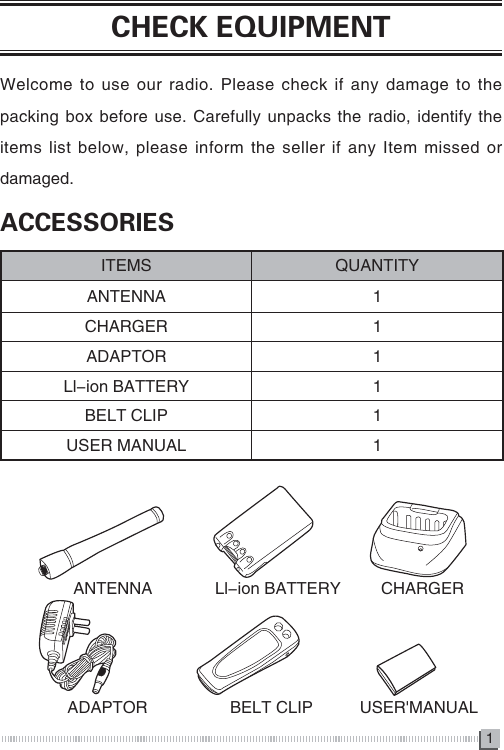 1CHECK EQUIPMENTWelcome to use our radio. Please check if any damage to the packing box before use. Carefully unpacks the radio, identify the items list below, please inform the seller if any Item missed or damaged.ACCESSORIESITEMS QUANTITYANTENNA 1CHARGER 1ADAPTOR 1Ll-ion BATTERY 1BELT CLIP 1USER MANUAL 1ANTENNA CHARGERADAPTORLl-ion BATTERYBELT CLIP USER'MANUAL 
