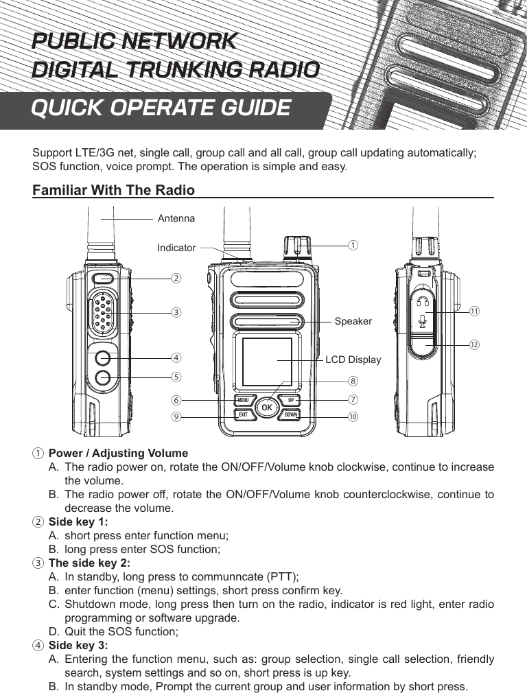 Support LTE/3G net, single call, group call and all call, group call updating automatically;  SOS function, voice prompt. The operation is simple and easy.Familiar With The RadioOKMENUEXITUPDOWNacdefibAntennaSpeakerLCD DisplayklghIndicatorja.Power / Adjusting VolumeA.  The radio power on, rotate the ON/OFF/Volume knob clockwise, continue to increase the volume.B.  The radio power o, rotate the ON/OFF/Volume knob counterclockwise, continue to decrease the volume.b.Side key 1:A.  short press enter function menu;B.  long press enter SOS function;c.The side key 2:A.  In standby, long press to communncate (PTT);B.  enter function (menu) settings, short press conrm key.C.  Shutdown mode, long press then turn on the radio, indicator is red light, enter radio programming or software upgrade.D.  Quit the SOS function;d.Side key 3:A.  Entering the function menu, such as: group selection, single call selection, friendly search, system settings and so on, short press is up key.B.  In standby mode, Prompt the current group and user information by short press.PUBLIC NETWORKDIGITAL TRUNKING RADIOQUICK OPERATE GUIDE