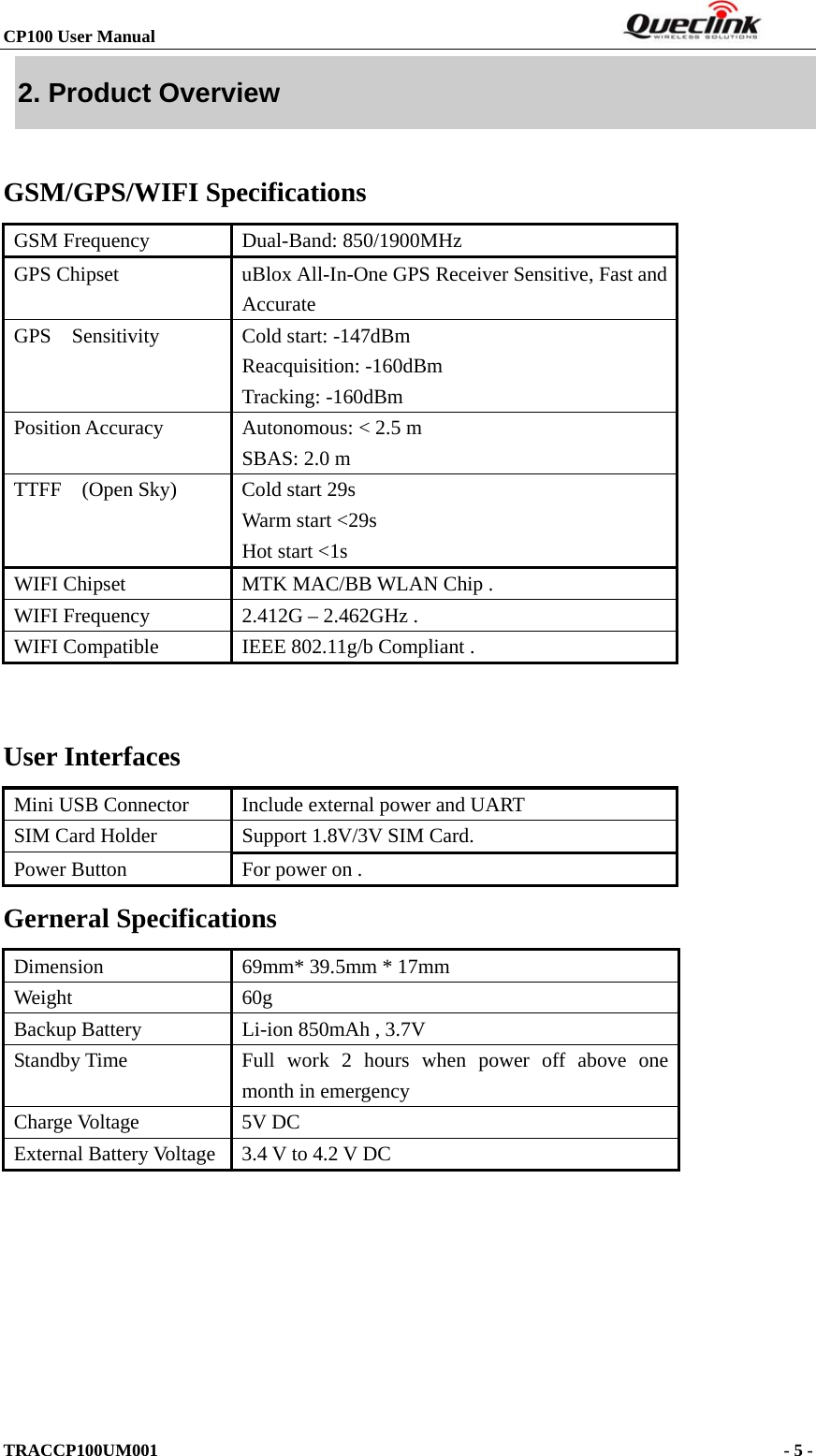 CP100 User Manual                                                                  TRACCP100UM001                                                                      - 5 -  2. Product Overview GSM/GPS/WIFI Specifications                     GSM Frequency         Dual-Band: 850/1900MHz GPS Chipset  uBlox All-In-One GPS Receiver Sensitive, Fast and Accurate GPS  Sensitivity  Cold start: -147dBm Reacquisition: -160dBm Tracking: -160dBm Position Accuracy  Autonomous: &lt; 2.5 m SBAS: 2.0 m TTFF    (Open Sky)  Cold start 29s   Warm start &lt;29s Hot start &lt;1s WIFI Chipset  MTK MAC/BB WLAN Chip . WIFI Frequency  2.412G – 2.462GHz . WIFI Compatible  IEEE 802.11g/b Compliant .  User Interfaces Mini USB Connector  Include external power and UART SIM Card Holder  Support 1.8V/3V SIM Card. Power Button  For power on .   Gerneral Specifications Dimension  69mm* 39.5mm * 17mm Weight 60g Backup Battery  Li-ion 850mAh , 3.7V Standby Time  Full work 2 hours when power off above one month in emergency Charge Voltage  5V DC External Battery Voltage  3.4 V to 4.2 V DC  