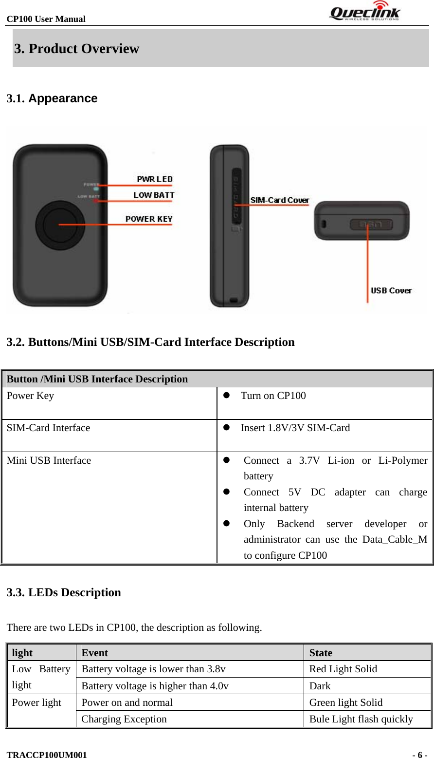 CP100 User Manual                                                                  TRACCP100UM001                                                                      - 6 -  3. Product Overview 3.1. Appearance  3.2. Buttons/Mini USB/SIM-Card Interface Description Button /Mini USB Interface Description Power Key  z Turn on CP100  SIM-Card Interface  z Insert 1.8V/3V SIM-Card  Mini USB Interface  z Connect a 3.7V Li-ion or Li-Polymer battery  z Connect 5V DC adapter can charge internal battery   z Only Backend server developer or administrator can use the Data_Cable_M to configure CP100 3.3. LEDs Description There are two LEDs in CP100, the description as following. light  Event  State Battery voltage is lower than 3.8v  Red Light Solid Low Battery light  Battery voltage is higher than 4.0v  Dark Power on and normal  Green light Solid Power light Charging Exception  Bule Light flash quickly   