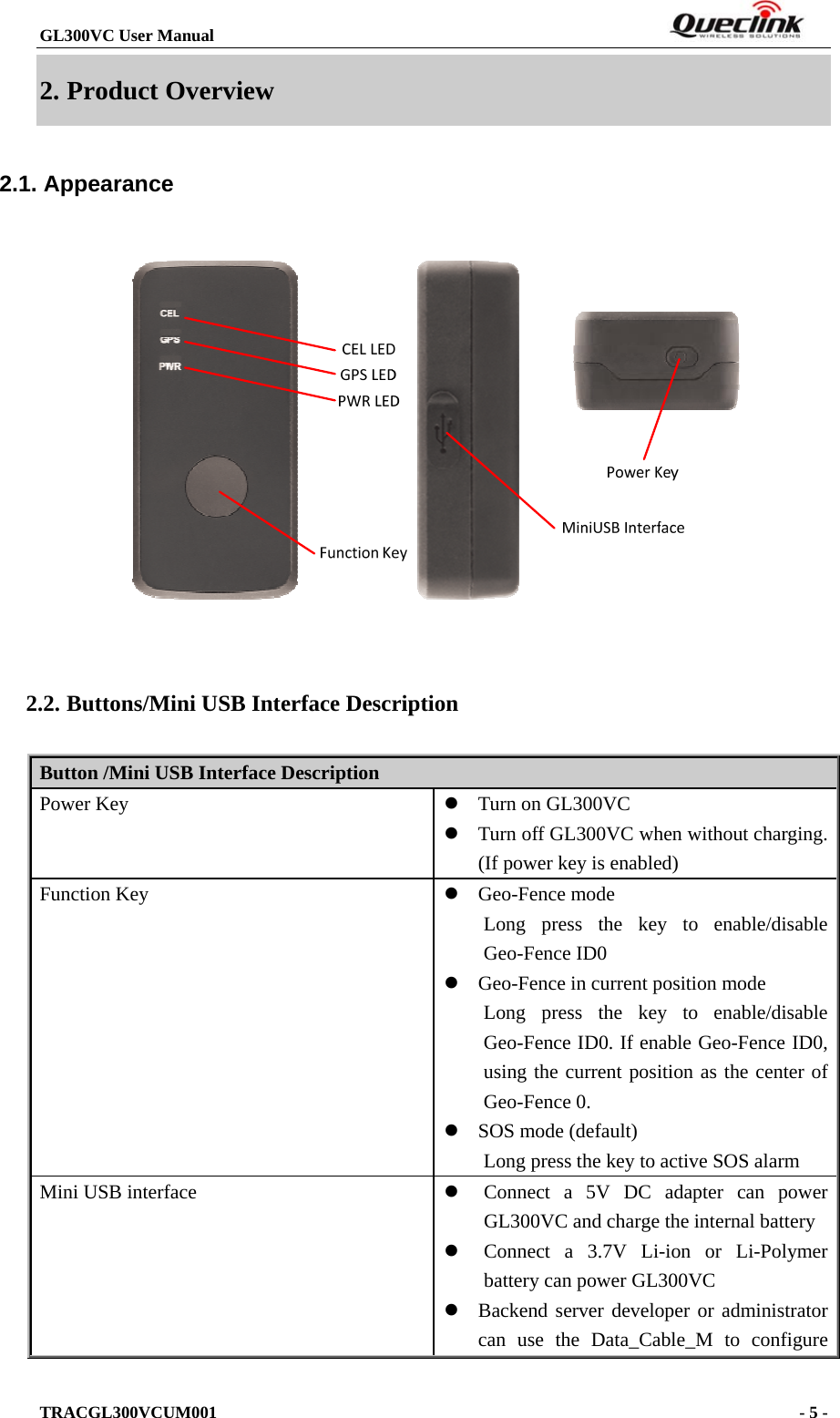 GL300VC User Manual                                                                  TRACGL300VCUM001                                                                     - 5 -  2. Product Overview 2.1. Appearance 2.2. Buttons/Mini USB Interface Description Button /Mini USB Interface Description Power Key   Turn on GL300VC  Turn off GL300VC when without charging. (If power key is enabled)   Function Key   Geo-Fence mode Long press the key to enable/disable Geo-Fence ID0  Geo-Fence in current position mode Long press the key to enable/disable Geo-Fence ID0. If enable Geo-Fence ID0, using the current position as the center of Geo-Fence 0.  SOS mode (default) Long press the key to active SOS alarm Mini USB interface   Connect a 5V DC adapter can power GL300VC and charge the internal battery   Connect a 3.7V Li-ion or Li-Polymer battery can power GL300VC  Backend server developer or administrator can use the Data_Cable_M to configure 