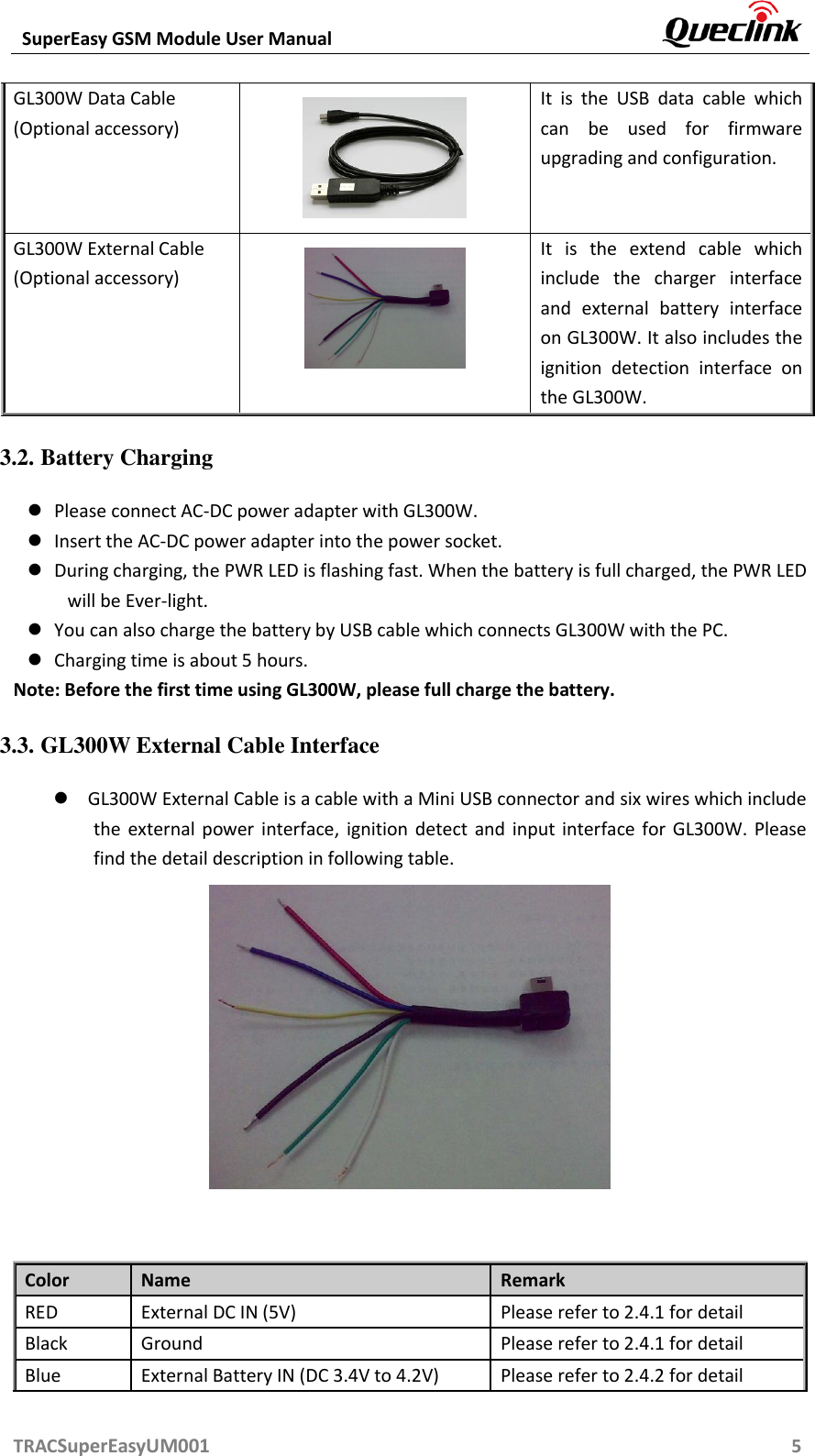  SuperEasy GSM Module User Manual       TRACSuperEasyUM001                                                          5 GL300W Data Cable (Optional accessory)   It  is  the  USB  data  cable  which can  be  used  for  firmware upgrading and configuration. GL300W External Cable (Optional accessory)  It  is  the  extend  cable  which include  the  charger  interface and  external  battery  interface on GL300W. It also includes the ignition  detection  interface  on the GL300W. 3.2. Battery Charging  Please connect AC-DC power adapter with GL300W.  Insert the AC-DC power adapter into the power socket.    During charging, the PWR LED is flashing fast. When the battery is full charged, the PWR LED will be Ever-light.    You can also charge the battery by USB cable which connects GL300W with the PC.  Charging time is about 5 hours. Note: Before the first time using GL300W, please full charge the battery. 3.3. GL300W External Cable Interface  GL300W External Cable is a cable with a Mini USB connector and six wires which include the  external  power  interface,  ignition  detect  and  input  interface  for  GL300W.  Please find the detail description in following table.    Color Name Remark RED External DC IN (5V) Please refer to 2.4.1 for detail Black Ground Please refer to 2.4.1 for detail Blue External Battery IN (DC 3.4V to 4.2V) Please refer to 2.4.2 for detail 