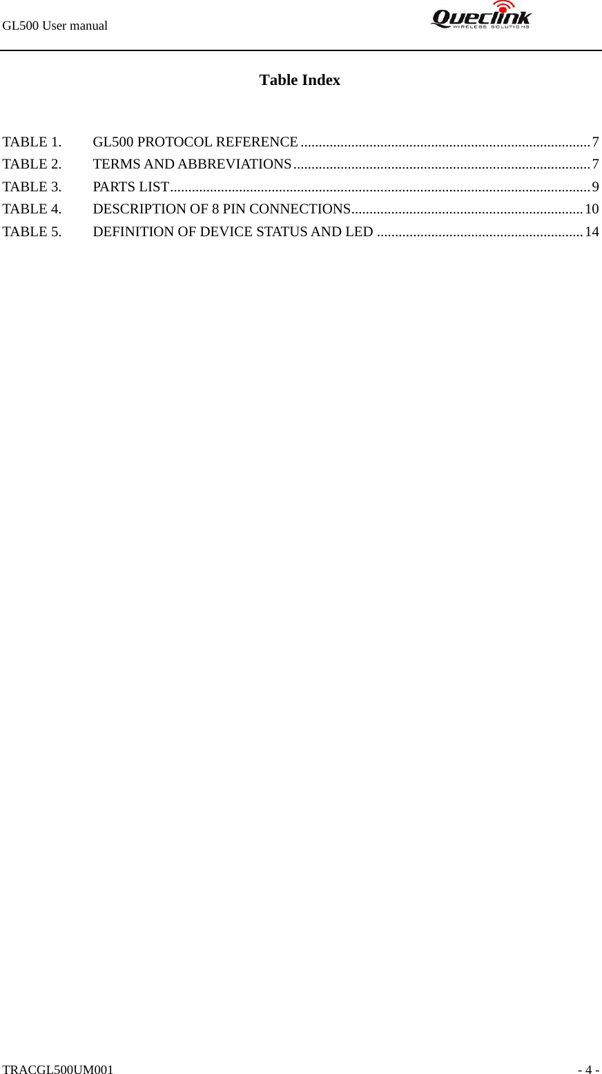 GL500 User manual                                                               TRACGL500UM001                                                               - 4 - Table Index  TABLE 1. GL500 PROTOCOL REFERENCE ................................................................................7 TABLE 2. TERMS AND ABBREVIATIONS..................................................................................7 TABLE 3. PARTS LIST....................................................................................................................9 TABLE 4. DESCRIPTION OF 8 PIN CONNECTIONS................................................................10 TABLE 5. DEFINITION OF DEVICE STATUS AND LED .........................................................14 