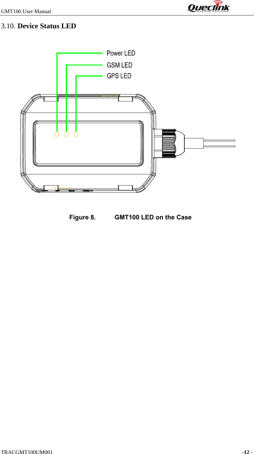 GMT100 User Manual                                                              TRACGMT100UM001                                                                     -12 - 3.1. Device Status LED     Figure 8.  GMT100 LED on the Case 