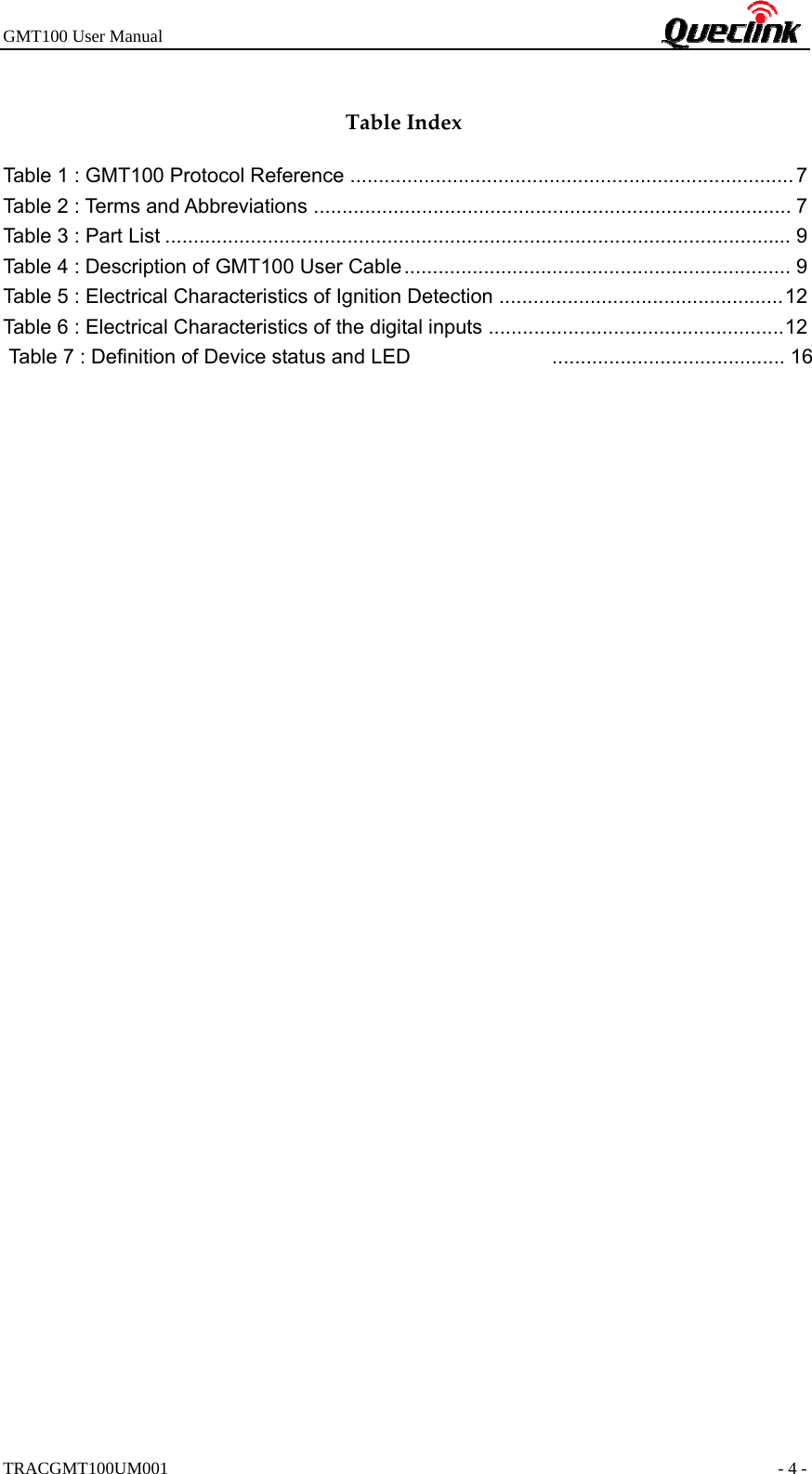 GMT100 User Manual                                                             TRACGMT100UM001                                                               - 4 - TableIndexTable 1 : GMT100 Protocol Reference  .............................................................................. 7  Table 2 : Terms and Abbreviations .................................................................................... 7 Table 3 : Part List .............................................................................................................. 9 Table 4 : Description of GMT100 User Cable .................................................................... 9 Table 5 : Electrical Characteristics of Ignition Detection  .................................................. 12  Table 6 : Electrical Characteristics of the digital inputs  .................................................... 12   Table 7 : Definition of Device status and LED  ......................................... 16 