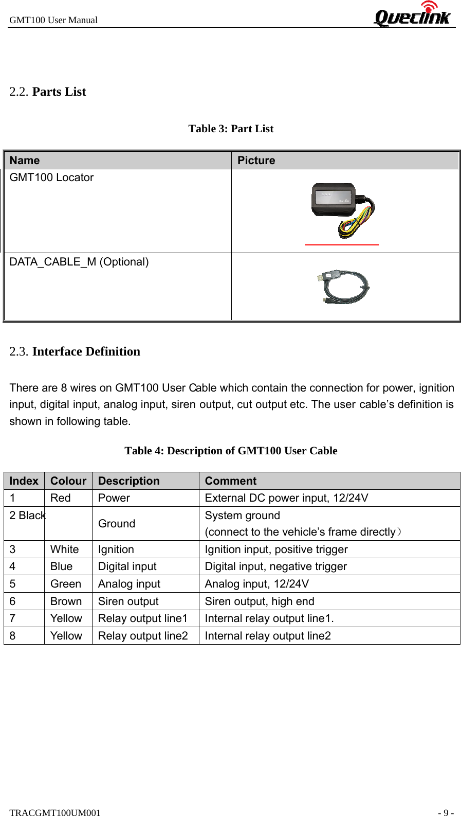 GMT100 User Manual         TRACGMT100UM001        - 9 - 2.2. Parts List Table 3: Part List Name   Picture GMT100 Locator DATA_CABLE_M (Optional) 2.3. Interface Definition There are 8 wires on GMT100 User Cable which contain the connection for power, ignition input, digital input, analog input, siren output, cut output etc. The user cable’s definition is shown in following table. Table 4: Description of GMT100 User Cable Index  Colour  Description  Comment 1  Red  Power  External DC power input, 12/24V 2 Black  Ground  System ground (connect to the vehicle’s frame directly） 3  White  Ignition  Ignition input, positive trigger 4  Blue  Digital input  Digital input, negative trigger 5  Green  Analog input  Analog input, 12/24V 6  Brown  Siren output  Siren output, high end 7  Yellow  Relay output line1  Internal relay output line1. 8  Yellow  Relay output line2  Internal relay output line2 