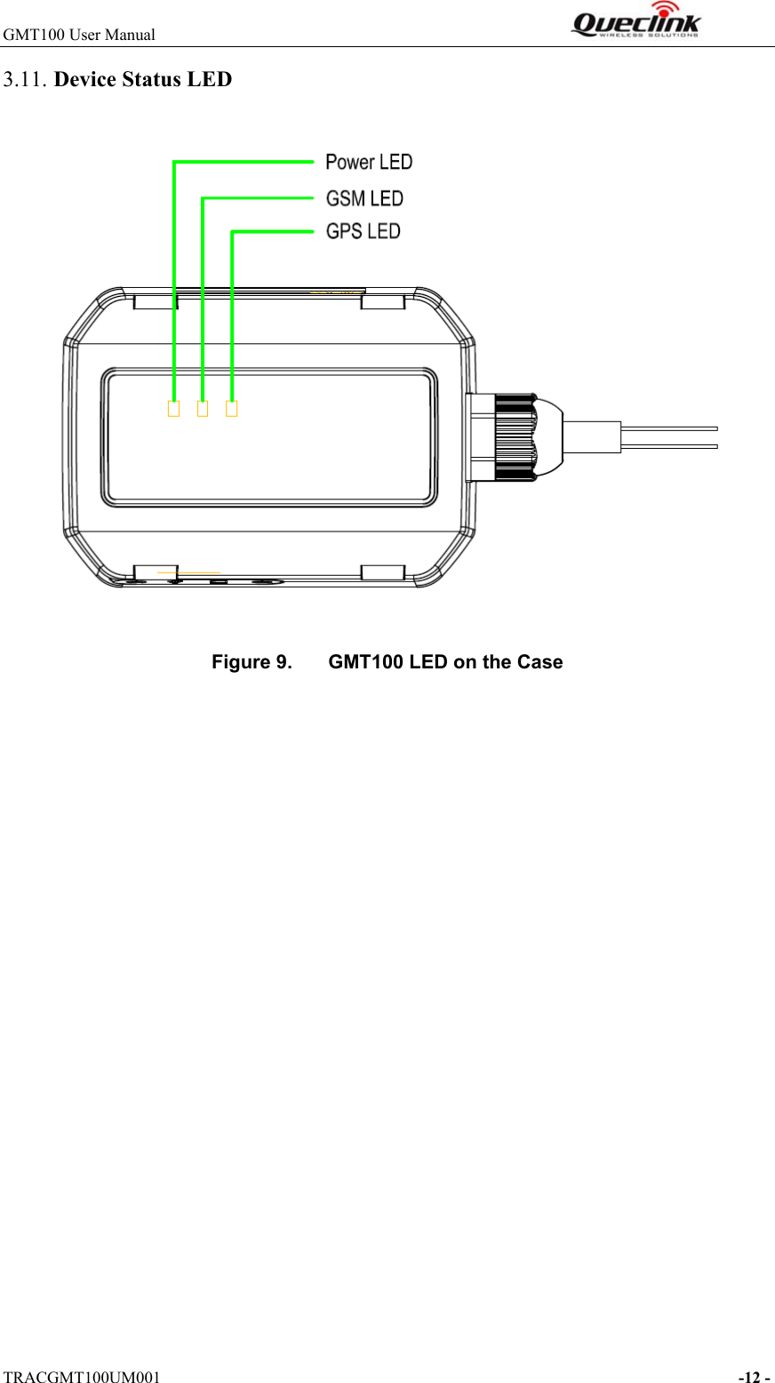 GMT100 User Manual                                                              TRACGMT100UM001                                                                     -12 - 3.11. Device Status LED     Figure 9.  GMT100 LED on the Case 