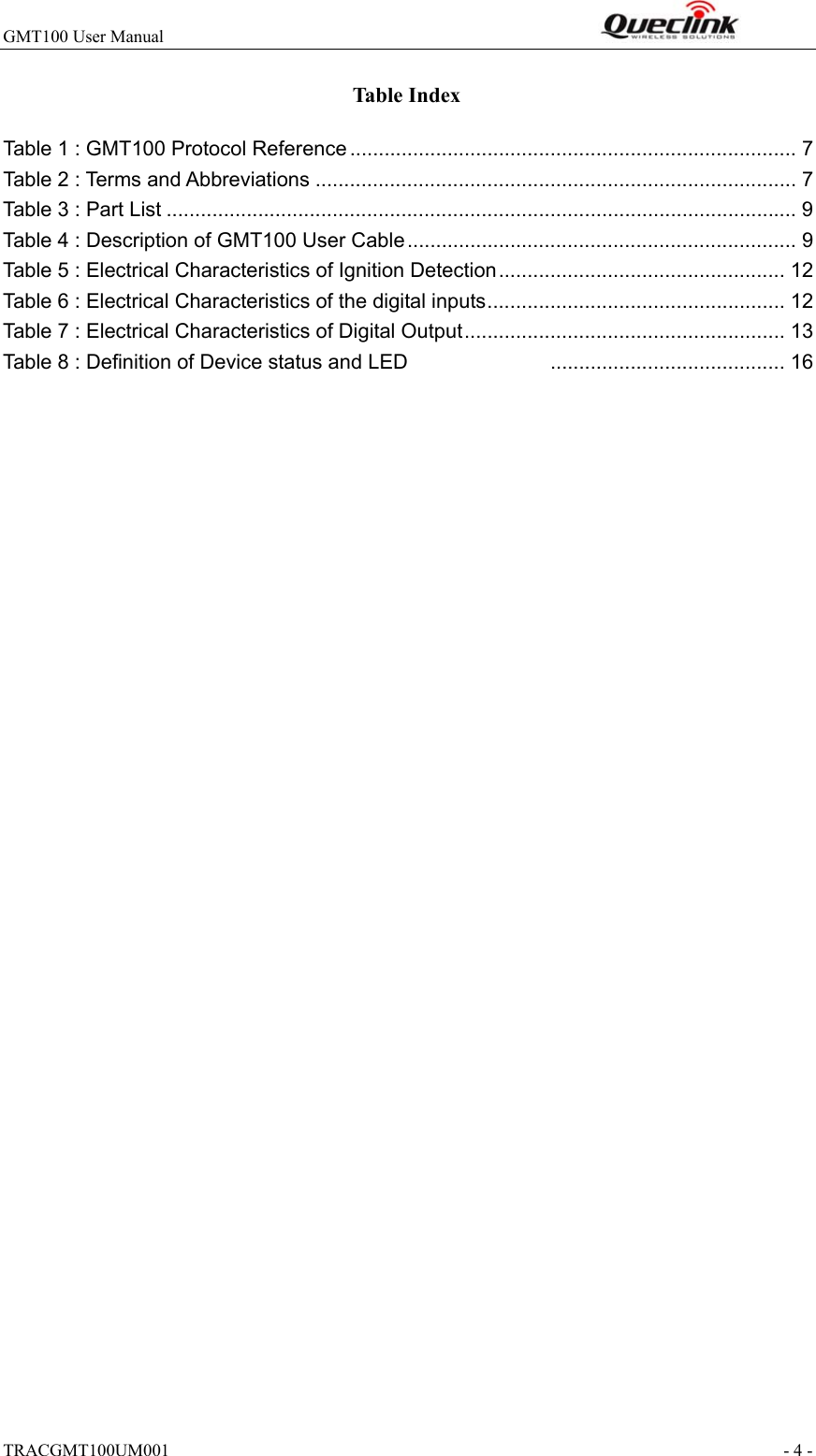 GMT100 User Manual                                                              TRACGMT100UM001                                                               - 4 - Table Index Table 1 : GMT100 Protocol Reference .............................................................................. 7 Table 2 : Terms and Abbreviations .................................................................................... 7 Table 3 : Part List .............................................................................................................. 9 Table 4 : Description of GMT100 User Cable .................................................................... 9 Table 5 : Electrical Characteristics of Ignition Detection .................................................. 12 Table 6 : Electrical Characteristics of the digital inputs .................................................... 12 Table 7 : Electrical Characteristics of Digital Output ........................................................ 13 Table 8 : Definition of Device status and LED   ......................................... 16 