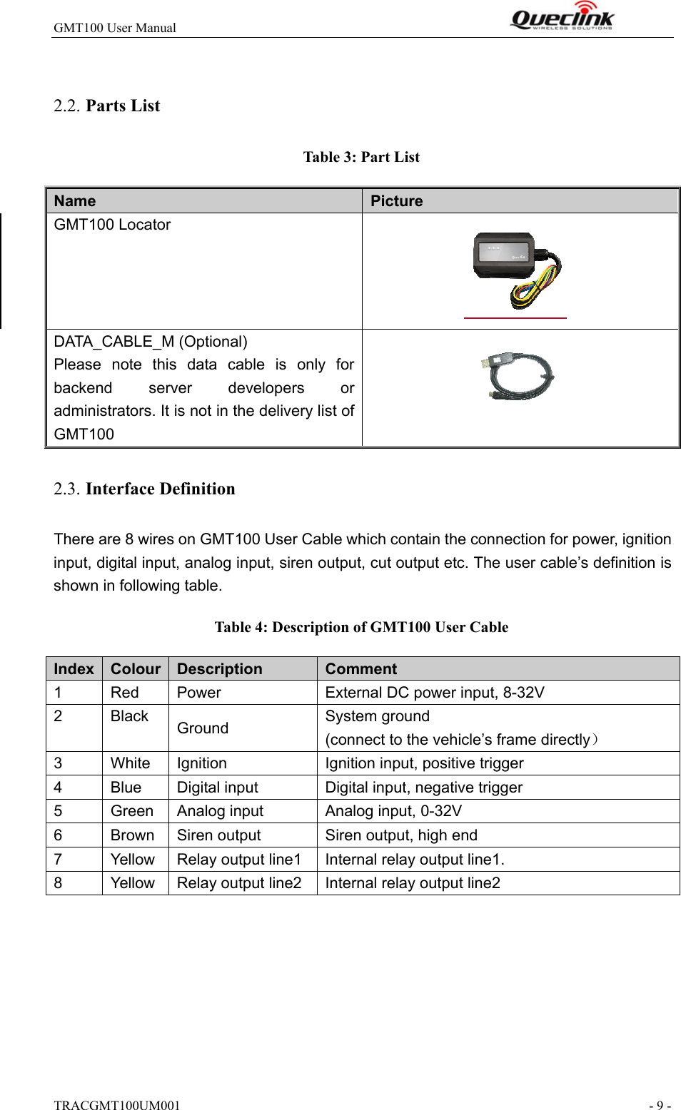 GMT100 User Manual                                                              TRACGMT100UM001                                                               - 9 -  2.2. Parts List Table 3: Part List Name    Picture GMT100 Locator               DATA_CABLE_M (Optional)   Please  note  this  data  cable  is  only  for backend  server  developers  or administrators. It is not in the delivery list of GMT100  2.3. Interface Definition There are 8 wires on GMT100 User Cable which contain the connection for power, ignition input, digital input, analog input, siren output, cut output etc. The user cable’s definition is shown in following table. Table 4: Description of GMT100 User Cable Index  Colour  Description  Comment 1  Red  Power  External DC power input, 8-32V 2  Black  Ground  System ground (connect to the vehicle’s frame directly） 3  White  Ignition  Ignition input, positive trigger 4  Blue  Digital input  Digital input, negative trigger 5  Green  Analog input  Analog input, 0-32V 6  Brown  Siren output  Siren output, high end 7  Yellow  Relay output line1  Internal relay output line1. 8  Yellow  Relay output line2  Internal relay output line2   