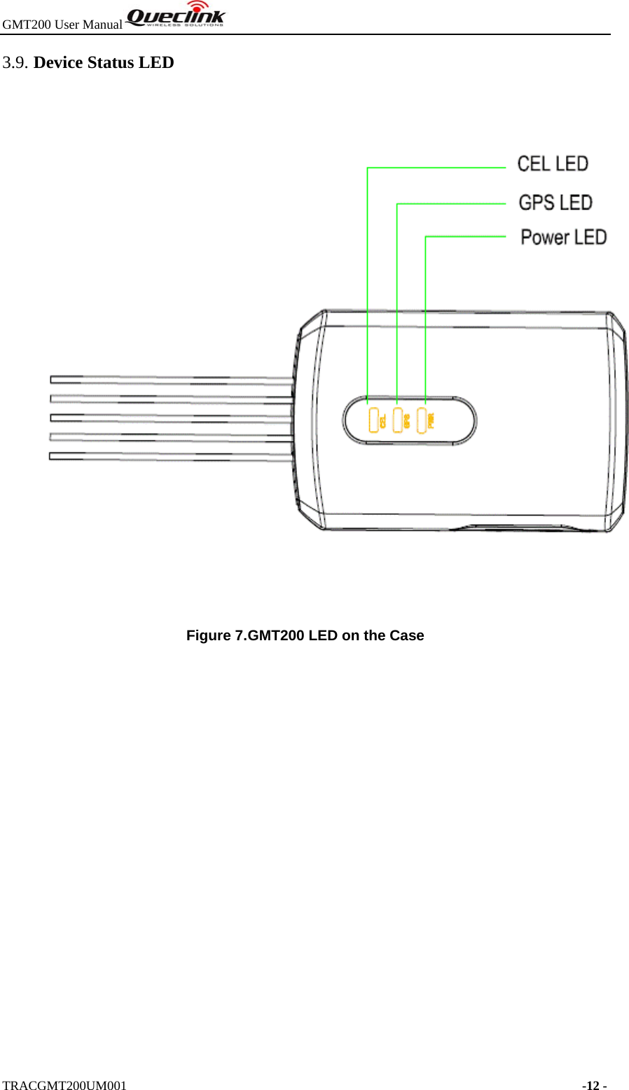 GMT200 User Manual  TRACGMT200UM001                                                                     -12 - 3.9. Device Status LED  Figure 7. GMT200 LED on the Case 