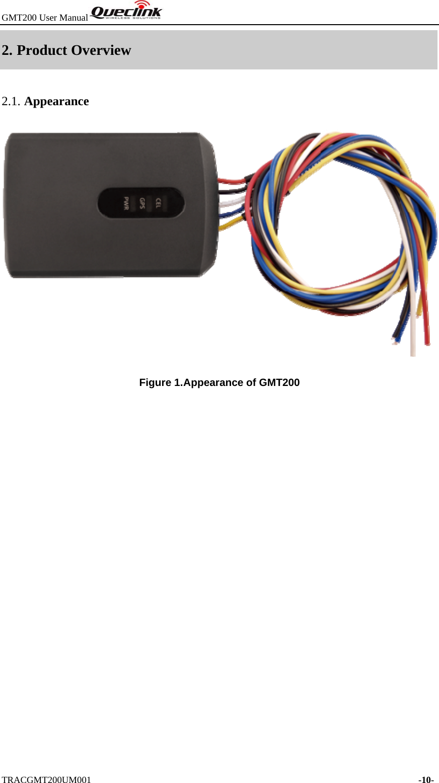 GMT200 User Manual  TRACGMT200UM001                                                                     -10- 2. Product Overview 2.1. Appearance   Figure 1. Appearance of GMT200  