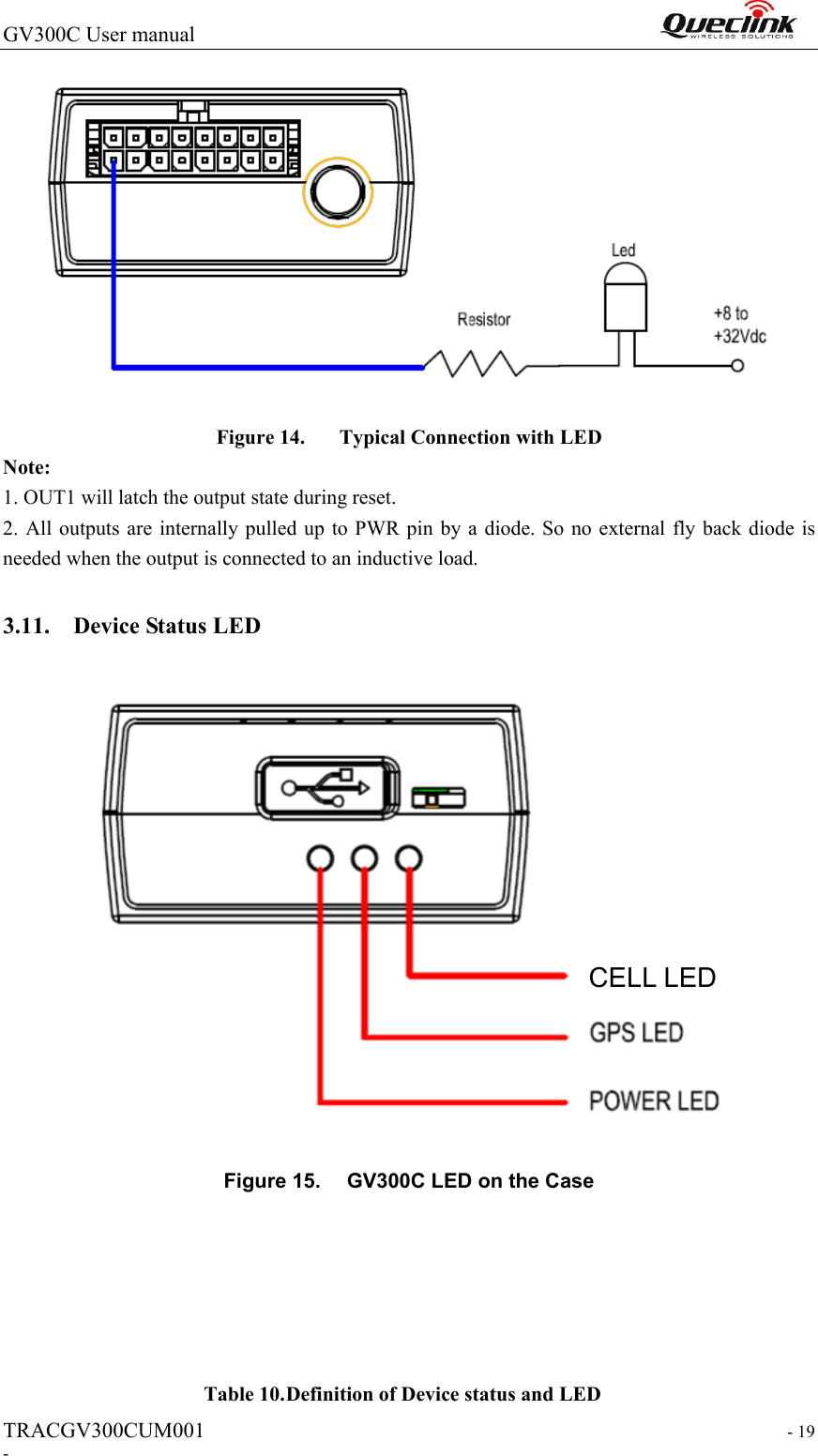 GV300C User manual                                                                 TRACGV300CUM001                                                                   - 19 -  Figure 14. Typical Connection with LED Note:   1. OUT1 will latch the output state during reset. 2. All outputs are  internally pulled up  to PWR pin by a  diode. So no external fly back diode is needed when the output is connected to an inductive load. 3.11. Device Status LED    Figure 15.  GV300C LED on the Case       Table 10. Definition of Device status and LED   CELL LED 