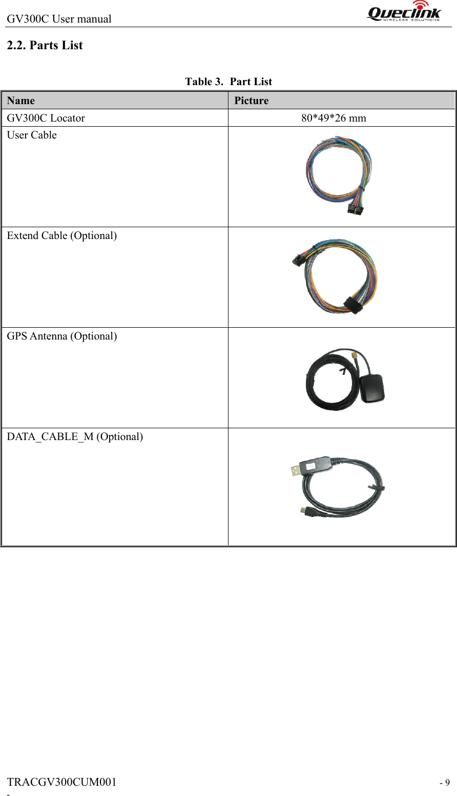 GV300C User manual                                                                 TRACGV300CUM001                                                                    - 9 - 2.2. Parts List Table 3. Part List Name    Picture GV300C Locator                          80*49*26 mm User Cable  Extend Cable (Optional)  GPS Antenna (Optional)  DATA_CABLE_M (Optional)                 