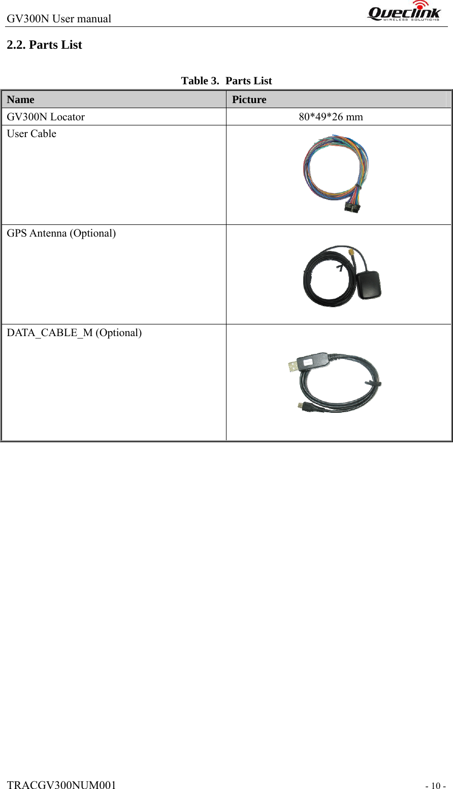 GV300N User manual                                                                  TRACGV300NUM001                                                                 - 10 - 2.2. Parts List Table 3. Parts List Name   Picture GV300N Locator              80*49*26 mm User Cable  GPS Antenna (Optional)  DATA_CABLE_M (Optional)                      