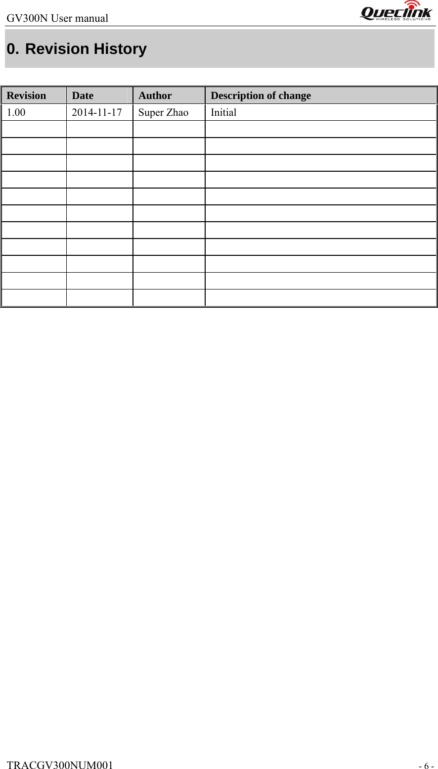 GV300N User manual                                                                   TRACGV300NUM001                                                               - 6 - 0. Revision History Revision  Date  Author  Description of change 1.00 2014-11-17 Super Zhao Initial                                                          