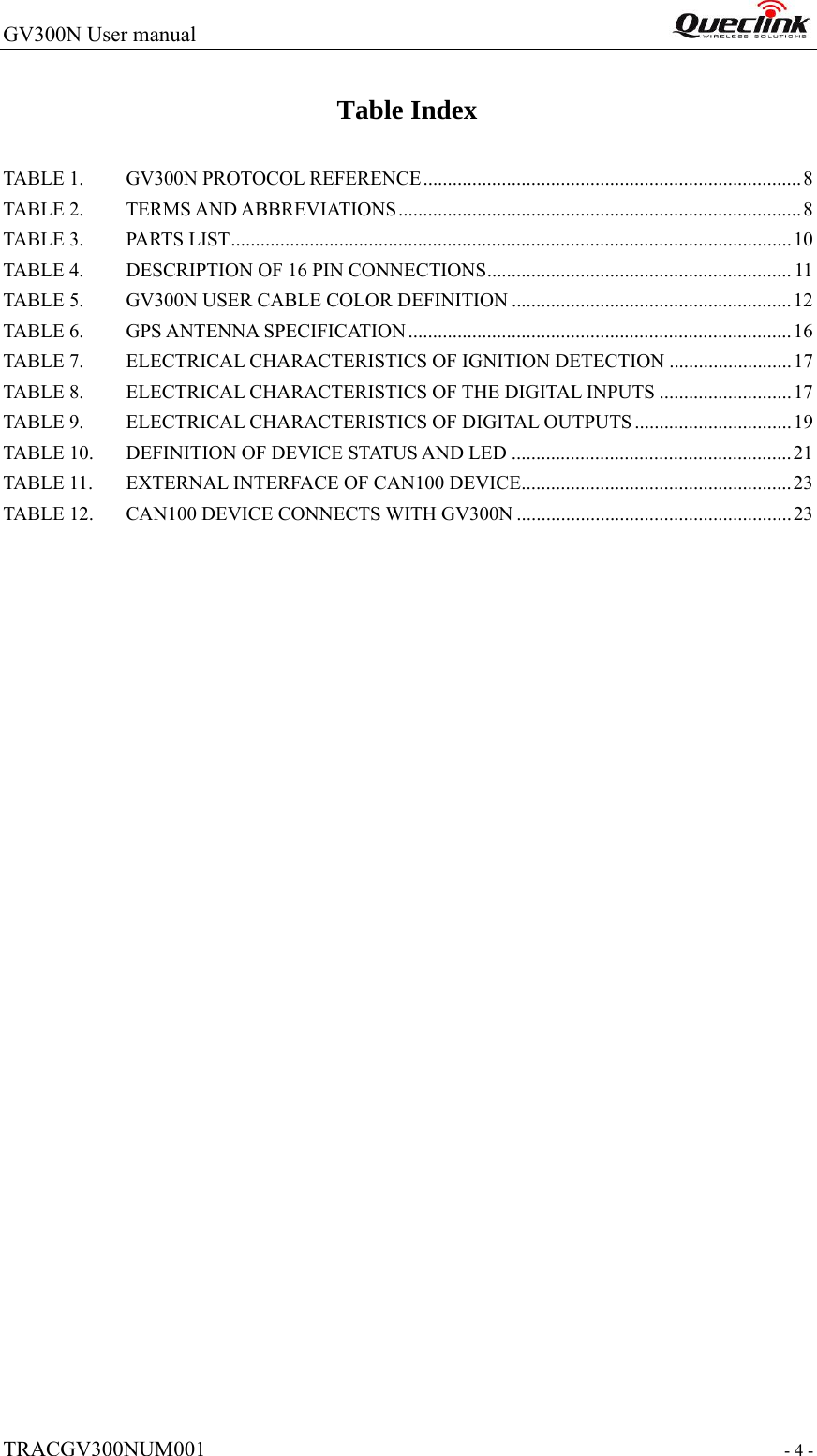 GV300N User manual                                                                   TRACGV300NUM001                                                               - 4 - Table Index TABLE 1. GV300N PROTOCOL REFERENCE............................................................................. 8 TABLE 2. TERMS AND ABBREVIATIONS..................................................................................8 TABLE 3. PARTS LIST..................................................................................................................10 TABLE 4. DESCRIPTION OF 16 PIN CONNECTIONS.............................................................. 11 TABLE 5. GV300N USER CABLE COLOR DEFINITION .........................................................12 TABLE 6. GPS ANTENNA SPECIFICATION..............................................................................16 TABLE 7. ELECTRICAL CHARACTERISTICS OF IGNITION DETECTION .........................17 TABLE 8. ELECTRICAL CHARACTERISTICS OF THE DIGITAL INPUTS ...........................17 TABLE 9. ELECTRICAL CHARACTERISTICS OF DIGITAL OUTPUTS ................................19 TABLE 10. DEFINITION OF DEVICE STATUS AND LED .........................................................21 TABLE 11. EXTERNAL INTERFACE OF CAN100 DEVICE....................................................... 23 TABLE 12. CAN100 DEVICE CONNECTS WITH GV300N ........................................................23  