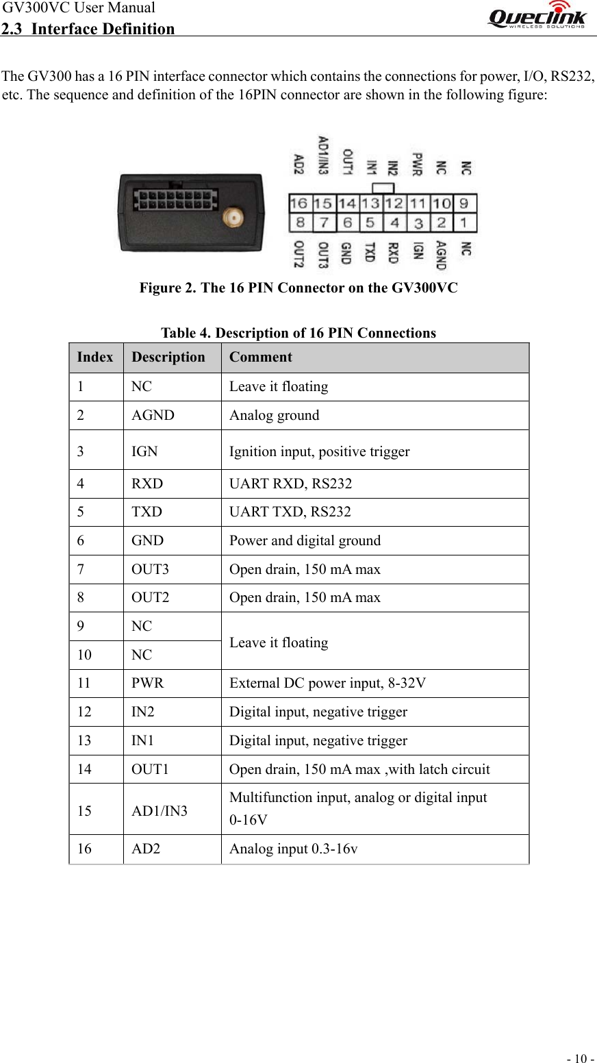 GV300VC User Manual                                                                 - 10 -  2.3 Interface Definition  The GV300 has a 16 PIN interface connector which contains the connections for power, I/O, RS232, etc. The sequence and definition of the 16PIN connector are shown in the following figure:      Figure 2. The 16 PIN Connector on the GV300VC    Tabl e  4. Description of 16 PIN Connections  Index  Description  Comment     1   NC    Leave it floating   2   AGND   Analog ground  3   IGN   Ignition input, positive trigger  4   RXD   UART RXD, RS232  5   TXD   UART TXD, RS232  6   GND   Power and digital ground  7   OUT3   Open drain, 150 mA max  8   OUT2   Open drain, 150 mA max  9   NC  Leave it floating  10   NC  11   PWR   External DC power input, 8-32V  12   IN2   Digital input, negative trigger  13   IN1   Digital input, negative trigger  14   OUT1   Open drain, 150 mA max ,with latch circuit  15   AD1/IN3   Multifunction input, analog or digital input  0-16V  16   AD2   Analog input 0.3-16v              