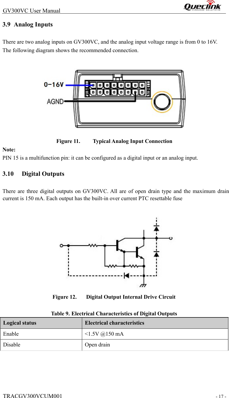  TRACGV300VCUM001   - 17 -  GV300VC User Manual                                                                3.9 Analog Inputs  There are two analog inputs on GV300VC, and the analog input voltage range is from 0 to 16V.  The following diagram shows the recommended connection.    Figure 11.   Typical Analog Input Connection Note:  PIN 15 is a multifunction pin: it can be configured as a digital input or an analog input.     3.10 Digital Outputs  There  are  three  digital  outputs on  GV300VC. All  are  of  open  drain  type  and  the  maximum  drain current is 150 mA. Each output has the built-in over current PTC resettable fuse    Figure 12.   Digital Output Internal Drive Circuit    Tabl e  9. Electrical Characteristics of Digital Outputs  Logical status  Electrical characteristics  Enable   &lt;1.5V @150 mA   Disable   Open drain       