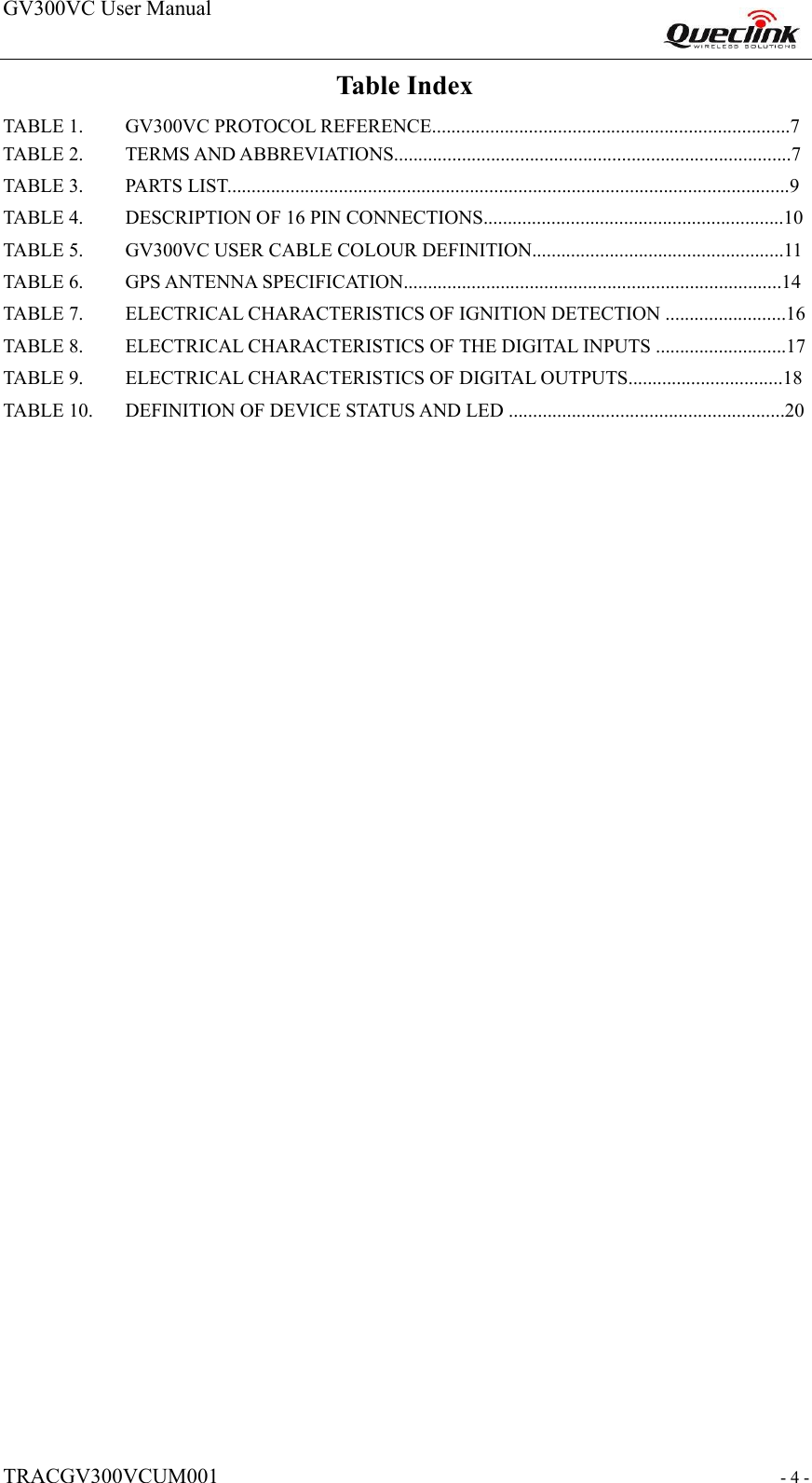 GV300VC User Manual                                                                  TRACGV300VCUM001                                                           - 4 -  Table Index  TABLE 1. GV300VC PROTOCOL REFERENCE..........................................................................7TABLE 2. TERMS AND ABBREVIATIONS..................................................................................7TABLE 3. PARTS LIST....................................................................................................................9TABLE 4. DESCRIPTION OF 16 PIN CONNECTIONS..............................................................10TABLE 5. GV300VC USER CABLE COLOUR DEFINITION....................................................11TABLE 6. GPS ANTENNA SPECIFICATION..............................................................................14TABLE 7. ELECTRICAL CHARACTERISTICS OF IGNITION DETECTION .........................16TABLE 8. ELECTRICAL CHARACTERISTICS OF THE DIGITAL INPUTS ...........................17TABLE 9. ELECTRICAL CHARACTERISTICS OF DIGITAL OUTPUTS................................18TABLE 10. DEFINITION OF DEVICE STATUS AND LED .........................................................20    