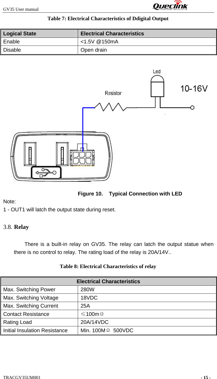 GV35 User manual                                                              TRACGV35UM001                                                                      - 15 - Table 7: Electrical Characteristics of Ddigital Output Logical State  Electrical Characteristics Enable &lt;1.5V @150mA  Disable Open drain    Figure 10.  Typical Connection with LED Note:  1 - OUT1 will latch the output state during reset. 3.8. Relay There is a built-in relay on GV35. The relay can latch the output statue when there is no control to relay. The rating load of the relay is 20A/14V.. Table 8: Electrical Characteristics of relay Electrical Characteristics Max. Switching Power 280W Max. Switching Voltage 18VDC Max. Switching Current 25A Contact Resistance ≤100mΩ Rating Load 20A/14VDC Initial Insulation Resistance Min. 100MΩ 500VDC  