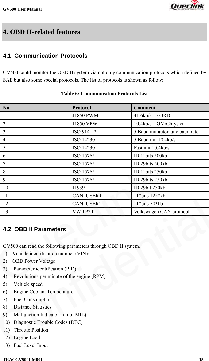 GV500 User Manual                                                               TRACGV500UM001                                              - 15 -    4. OBD II-related features 4.1. Communication Protocols GV500 could monitor the OBD II system via not only communication protocols which defined by SAE but also some special protocols. The list of protocols is shown as follow: Table 6: Communication Protocols List No.  Protocol  Comment 1  J1850 PWM 41.6kb/s  F ORD 2  J1850 VPW 10.4kb/s  GM/Chrysler 3  ISO 9141-2  5 Baud init automatic baud rate 4  ISO 14230  5 Baud init 10.4kb/s 5  ISO 14230  Fast init 10.4kb/s 6  ISO 15765  ID 11bits 500kb 7  ISO 15765  ID 29bits 500kb 8  ISO 15765  ID 11bits 250kb 9  ISO 15765  ID 29bits 250kb 10  J1939  ID 29bit 250kb 11 CAN_USER1  11*bits 125*kb 12  CAN_USER2  11*bits 50*kb 13  VW TP2.0 Volkswagen CAN protocol 4.2. OBD II Parameters GV500 can read the following parameters through OBD II system. 1)  Vehicle identification number (VIN): 2)  OBD Power Voltage 3)   Parameter identification (PID) 4)     Revolutions per minute of the engine (RPM) 5)     Vehicle speed 6)     Engine Coolant Temperature 7)     Fuel Consumption 8)     Distance Statistics 9)     Malfunction Indicator Lamp (MIL) 10)   Diagnostic Trouble Codes (DTC) 11)   Throttle Position 12)   Engine Load 13)   Fuel Level Input  Queclink  Confidential