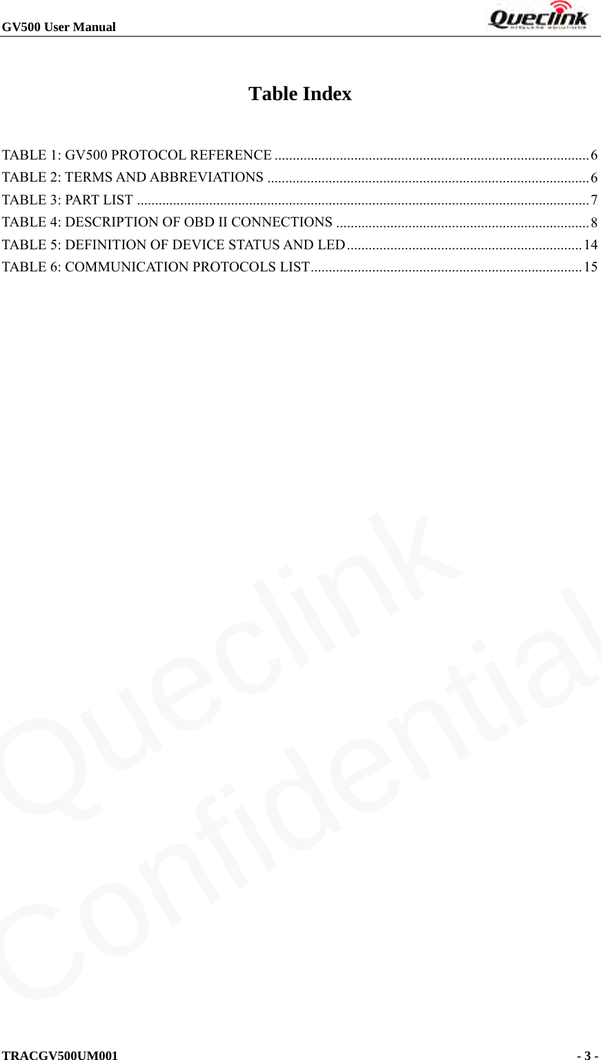 GV500 User Manual                                                                       TRACGV500UM001                                              - 3 -    Table Index TABLE 1: GV500 PROTOCOL REFERENCE   ....................................................................................... 6TABLE 2: TERMS AND ABBREVIATIONS   ......................................................................................... 6TABLE 3: PART LIST   ............................................................................................................................. 7TABLE 4: DESCRIPTION OF OBD II CONNECTIONS   ...................................................................... 8TABLE 5: DEFINITION OF DEVICE STATUS AND LED   ................................................................. 14TABLE 6: COMMUNICATION PROTOCOLS LIST   ........................................................................... 15Queclink  Confidential