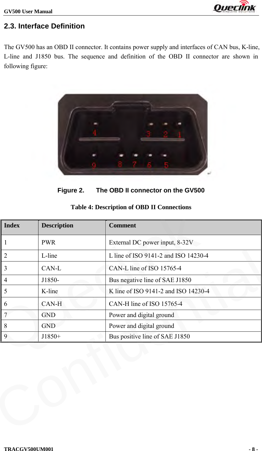 GV500 User Manual                                                               TRACGV500UM001                                              - 8 -    2.3. Interface Definition The GV500 has an OBD II connector. It contains power supply and interfaces of CAN bus, K-line, L-line and J1850 bus. The sequence and definition of the OBD II connector are shown  in following figure:   Figure 2. The OBD II connector on the GV500 Table 4: Description of OBD II Connections Index Description Comment   1  PWR External DC power input, 8-32V 2  L-line  L line of ISO 9141-2 and ISO 14230-4 3  CAN-L  CAN-L line of ISO 15765-4 4  J1850-  Bus negative line of SAE J1850 5  K-line  K line of ISO 9141-2 and ISO 14230-4 6  CAN-H  CAN-H line of ISO 15765-4 7  GND  Power and digital ground 8  GND  Power and digital ground 9  J1850+  Bus positive line of SAE J1850 Queclink  Confidential