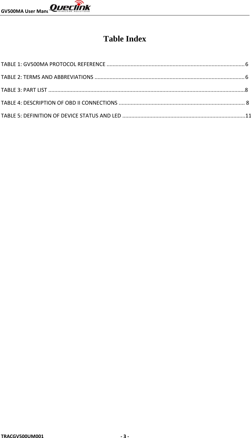 GV500MAUserManualTRACGV500UM001 ‐3‐Table IndexTABLE1:GV500MAPROTOCOLREFERENCE............................................................................................6TABLE2:TERMSANDABBREVIATIONS....................................................................................................6TABLE3:PARTLIST...................................................................................................................................8TABLE4:DESCRIPTIONOFOBDIICONNECTIONS....................................................................................8TABLE5:DEFINITIONOFDEVICESTATUSANDLED..................................................................................11