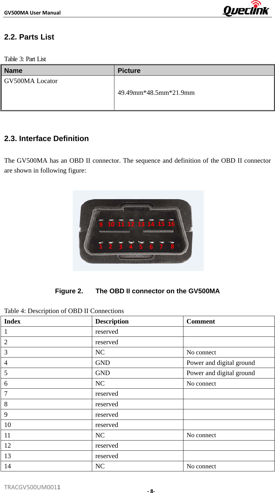 GV500MAUserManualTRACGV500UM00112.2. Parts List Table 3: Part List Name   Picture GV500MA Locator 49.49mm*48.5mm*21.9mm 2.3. Interface Definition The GV500MA has an OBD II connector. The sequence and definition of the OBD II connector are shown in following figure: Figure 2.  The OBD II connector on the GV500MA Table 4: Description of OBD II Connections IndexDescriptionComment1reserved2reserved3NCNo connect4GNDPower and digital ground5GNDPower and digital ground6NCNo connect7reserved8reserved9reserved10reserved11NCNo connect12reserved13reserved14NCNo connect123 4 56 7 8161514131211109‐8‐