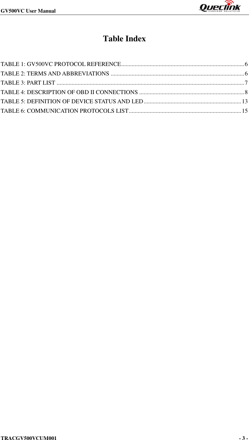 GV500VC User Manual                                                                       TRACGV500VCUM001                                                                                     - 3 -    Table Index TABLE 1: GV500VC PROTOCOL REFERENCE .................................................................................. 6 TABLE 2: TERMS AND ABBREVIATIONS ......................................................................................... 6 TABLE 3: PART LIST ............................................................................................................................. 7 TABLE 4: DESCRIPTION OF OBD II CONNECTIONS ...................................................................... 8 TABLE 5: DEFINITION OF DEVICE STATUS AND LED ................................................................. 13 TABLE 6: COMMUNICATION PROTOCOLS LIST ........................................................................... 15 