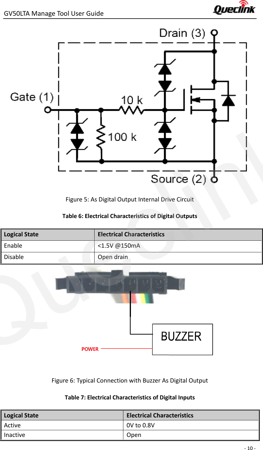 GV50LTA Manage Tool User Guide      - 10 -   Figure 5: As Digital Output Internal Drive Circuit Table 6: Electrical Characteristics of Digital Outputs Logical State Electrical Characteristics Enable &lt;1.5V @150mA Disable Open drain      Figure 6: Typical Connection with Buzzer As Digital Output Table 7: Electrical Characteristics of Digital Inputs Logical State Electrical Characteristics Active 0V to 0.8V Inactive Open Queclink